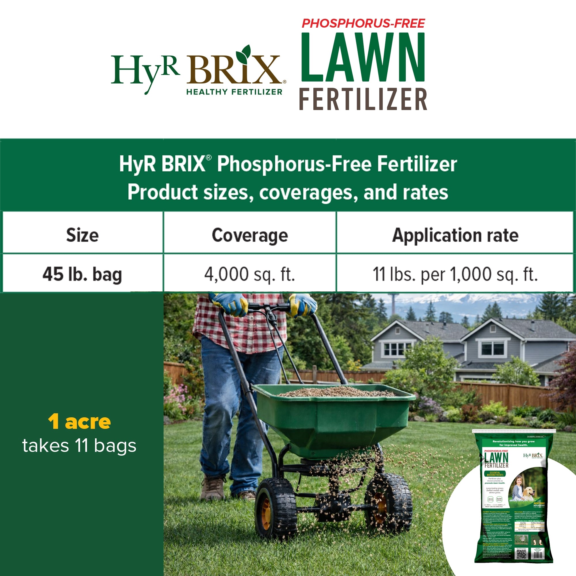 HyR BRIX Slow-Release 20-0-8 Phosphorus-Free Lawn Fertilizer Food, 45lb Bag (Covers 4,000 Sq Ft)