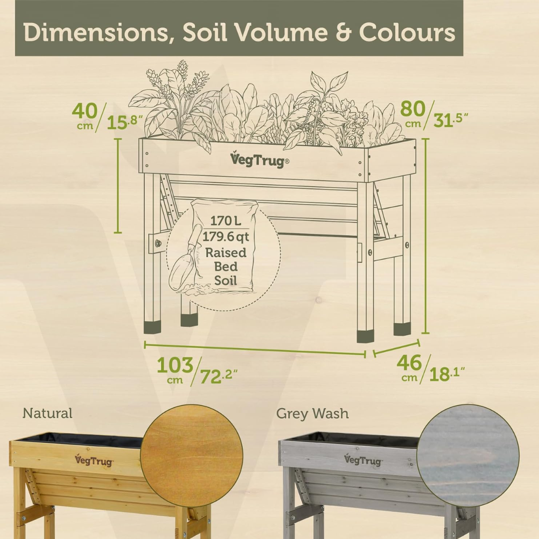 VegTrug Wall Hugger Cedar Wood Raised Garden Planter, Grey Wash, Small 1m