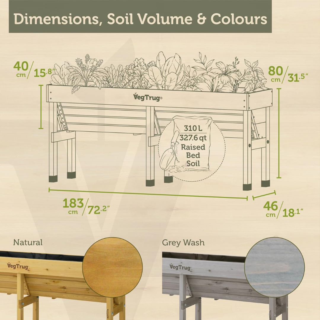 VegTrug Wall Hugger Cedar Wood Raised Garden Planter, Grey Wash, Medium 1.8m