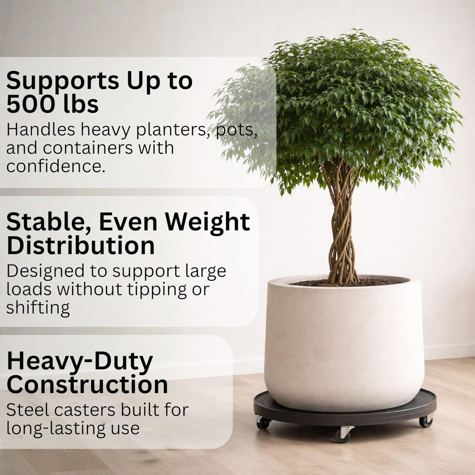 DeVault Heavy-Duty Ridged Plant Dolly with 360° Mobility, 500lb Capacity, 24"