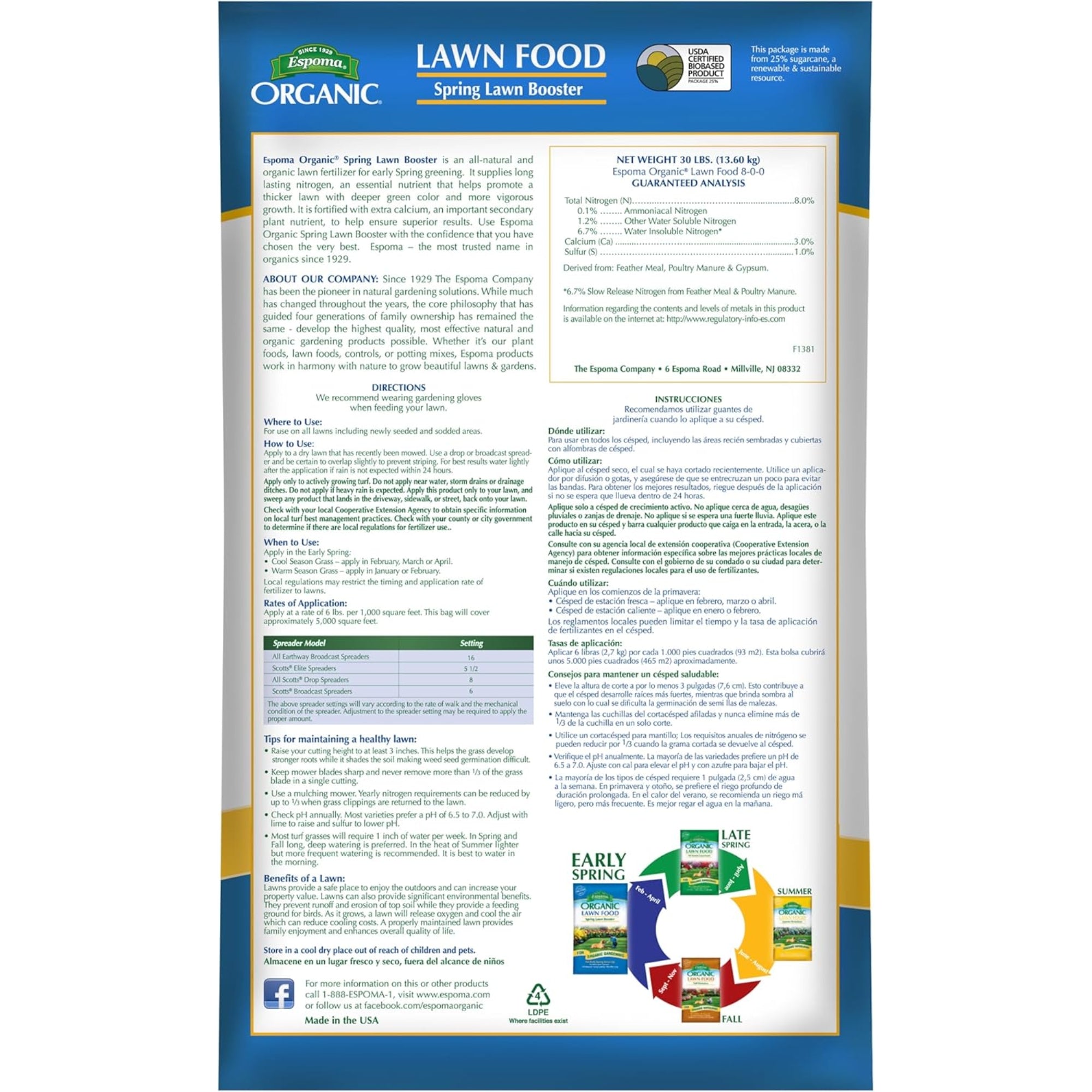Espoma Organic 8-0-0 Lawn Food Spring Lawn Booster for Early Green Up, 30lbs