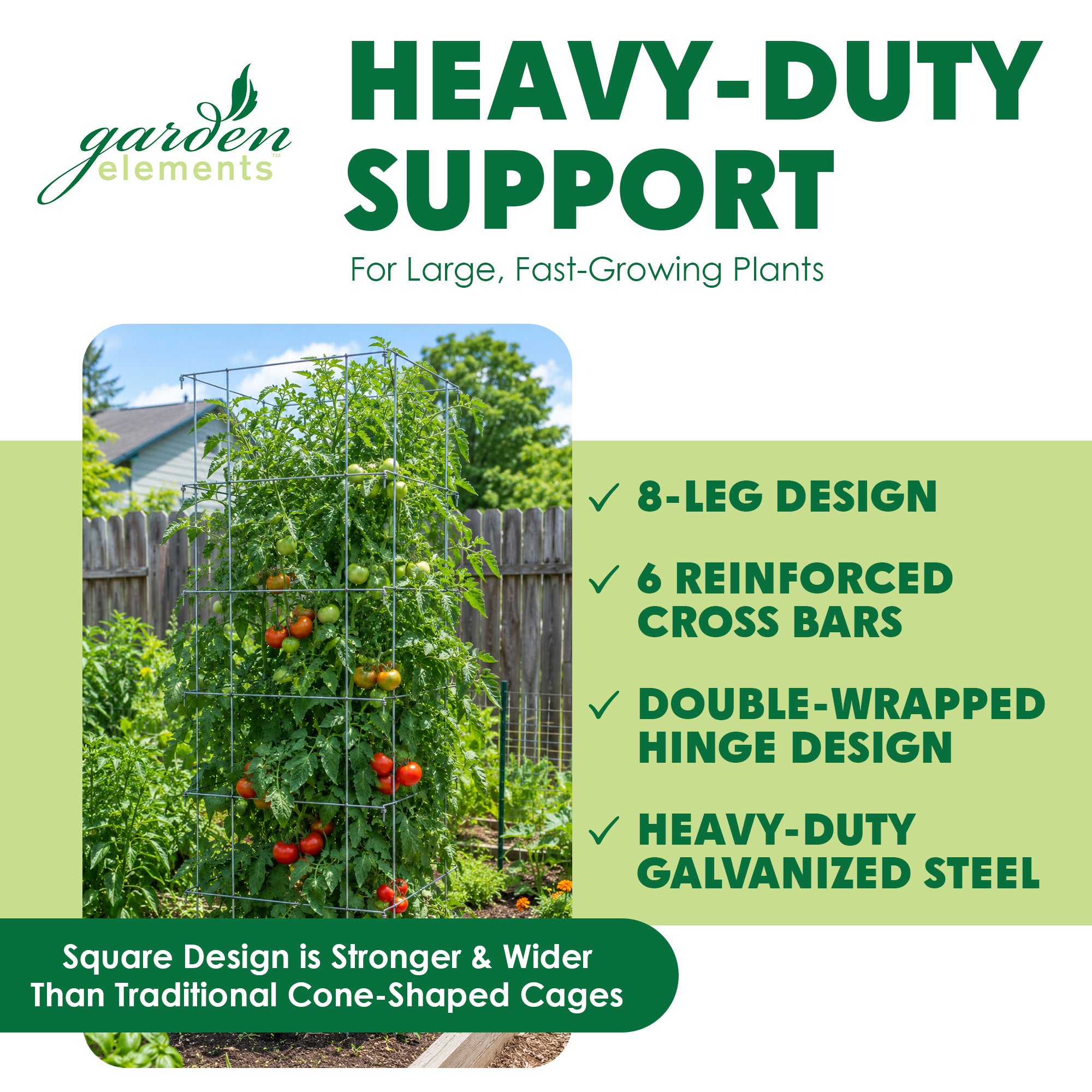 Garden Elements Square 8-Leg Heavy-Duty Collapsible Tomato Cages, 58in H (Pack of 3)