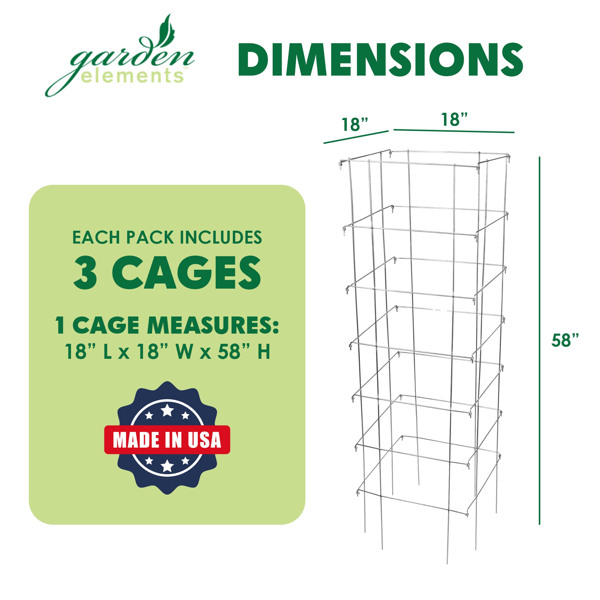 Garden Elements Square 8-Leg Heavy-Duty Collapsible Tomato Cages, 58in H (Pack of 3)