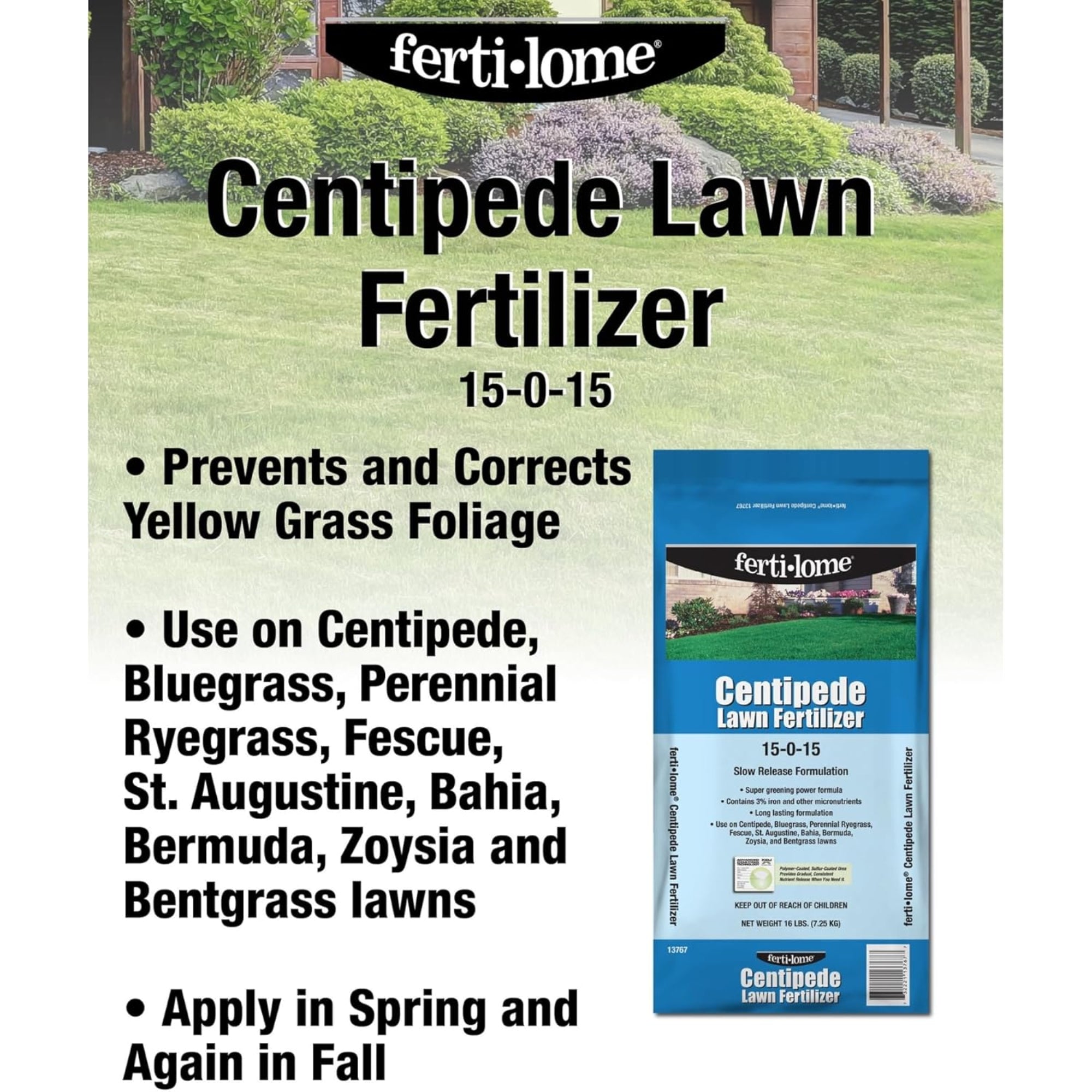 Fertilome Centipede 15-0-15 Slow-Release Lawn Fertilizer with Iron, 16lbs