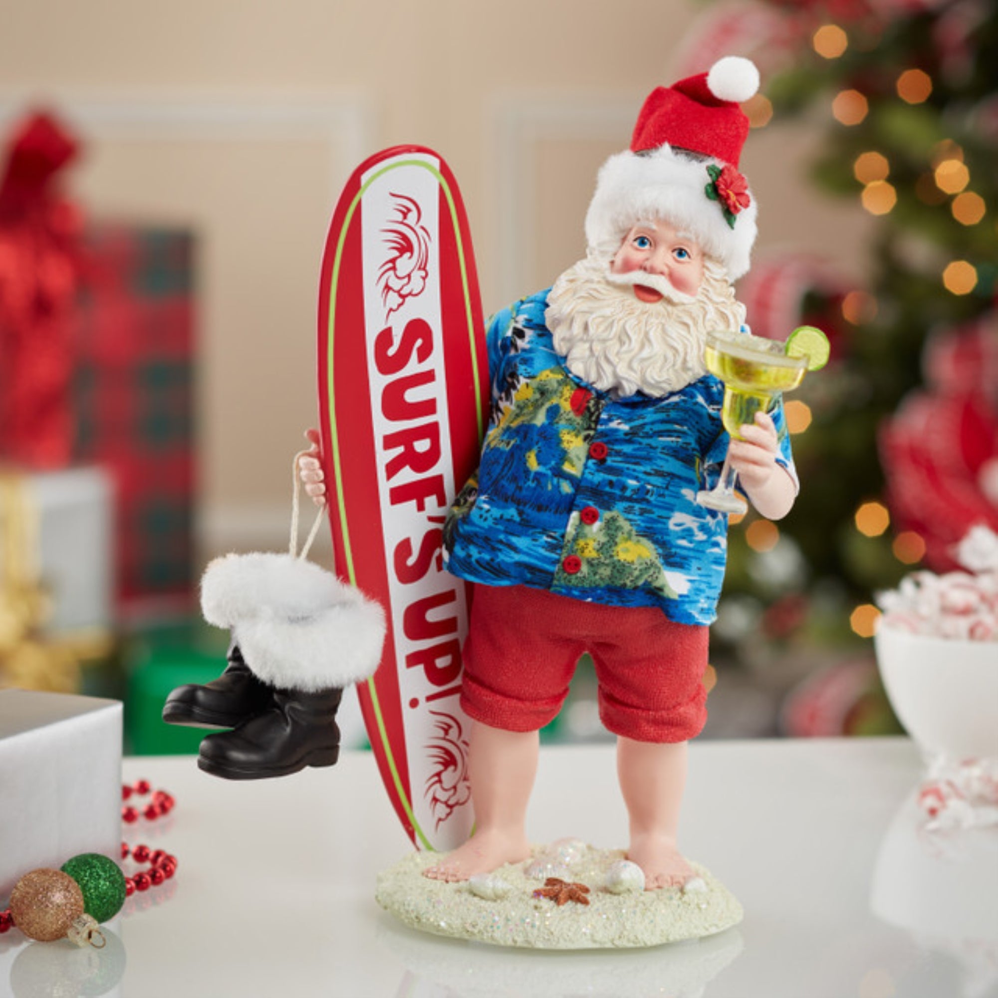 Kurt Adler Fabriche Collection, Beach Santa With Surfboard, 11"