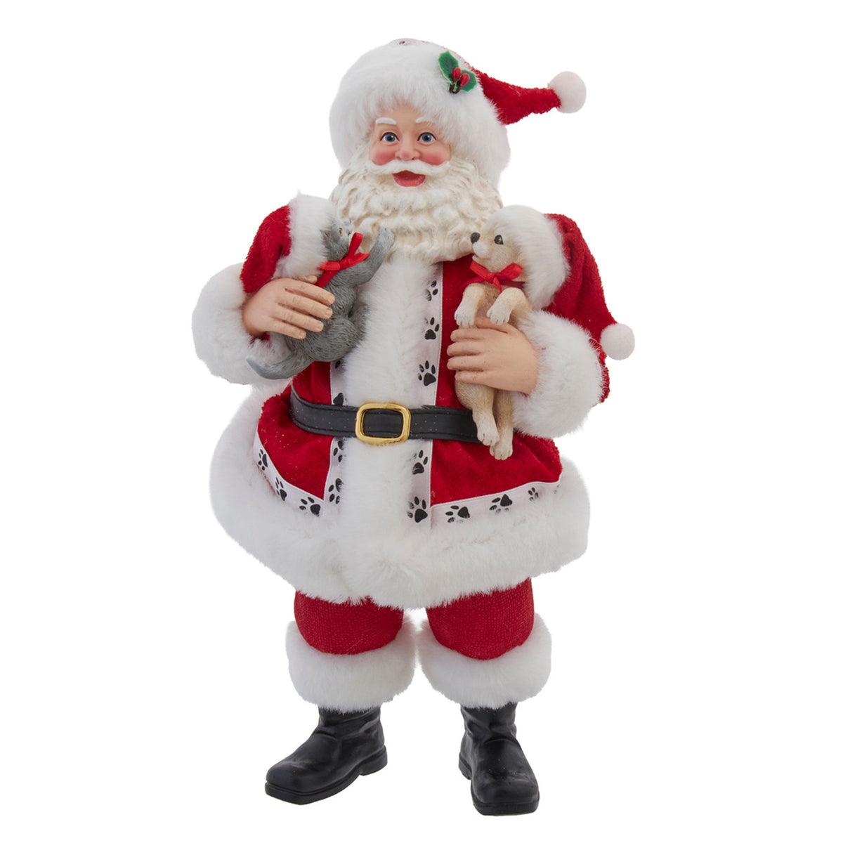 Kurt Adler Fabriche Santa Holding Puppy and Kitten Christmas Table Piece, 10.5"