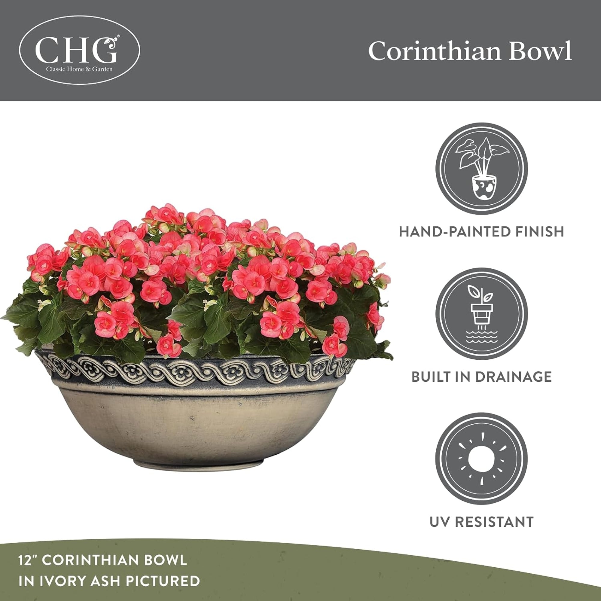 Classic Home and Garden Corinthian Resin Flower Pot Planter Bowl 12"