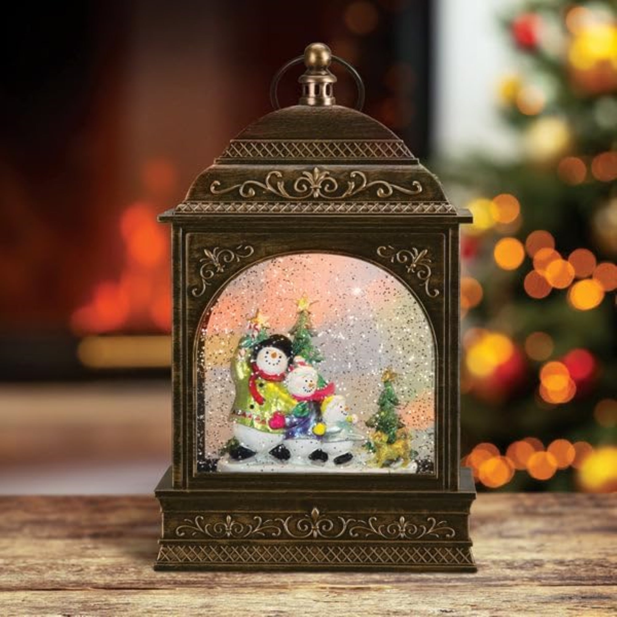 Old World Christmas Tabletop Snow Family Lantern Snow Globe, Multicolored, 11in