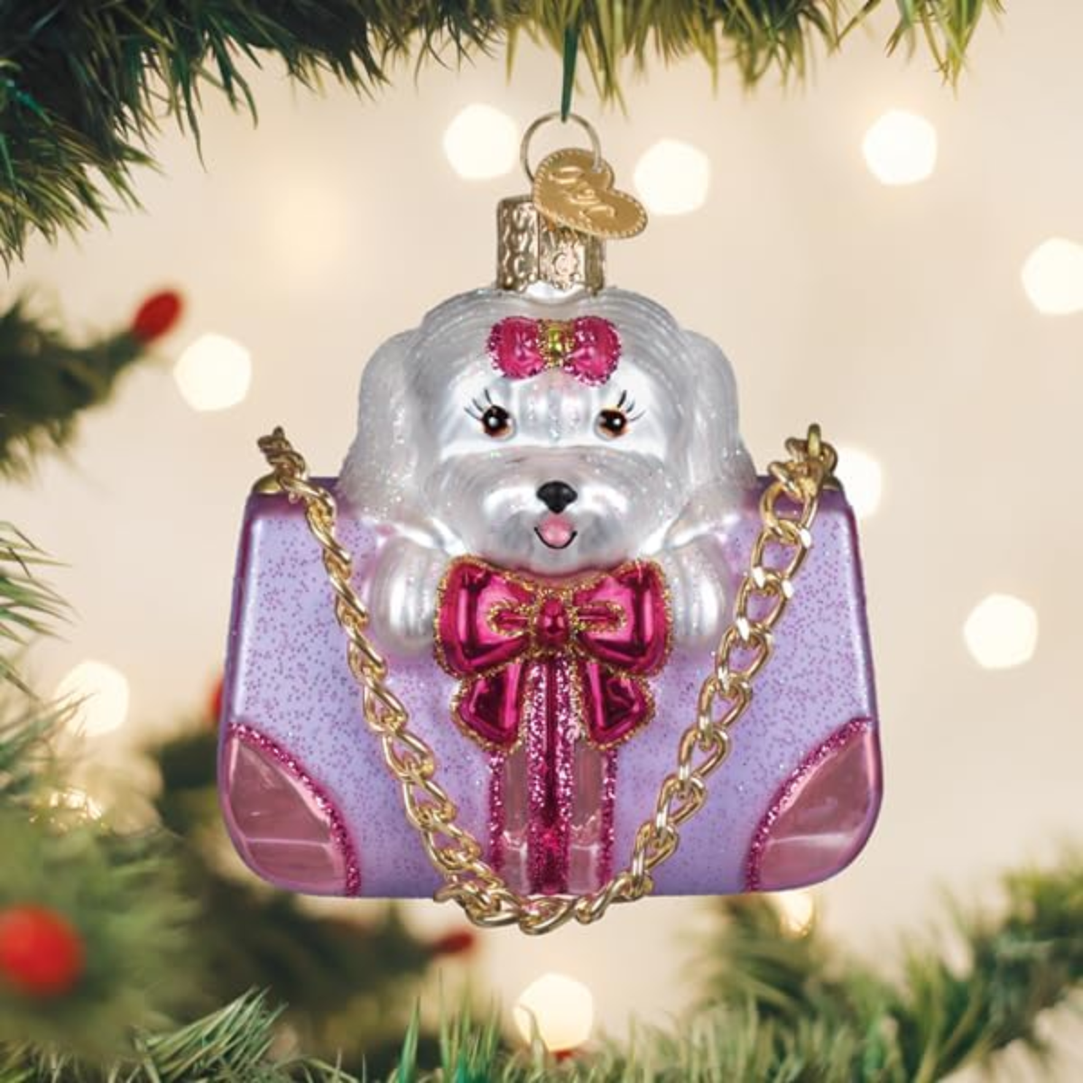 Old World Christmas Blown Glass Ornament for Tree, Posh Pup in Purse