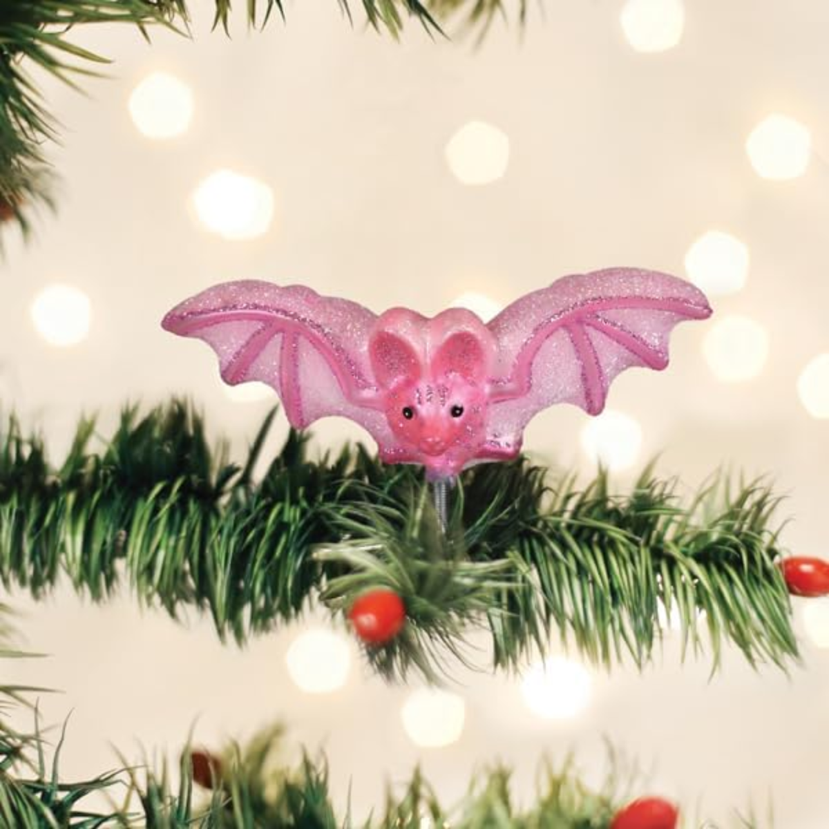 Old World Christmas Blown Glass Ornament for Tree, Shimmering Pink Bat