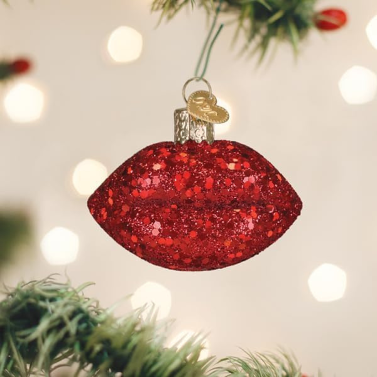 Old World Christmas Blown Glass Tree Ornament, Jeweled Lips, Red