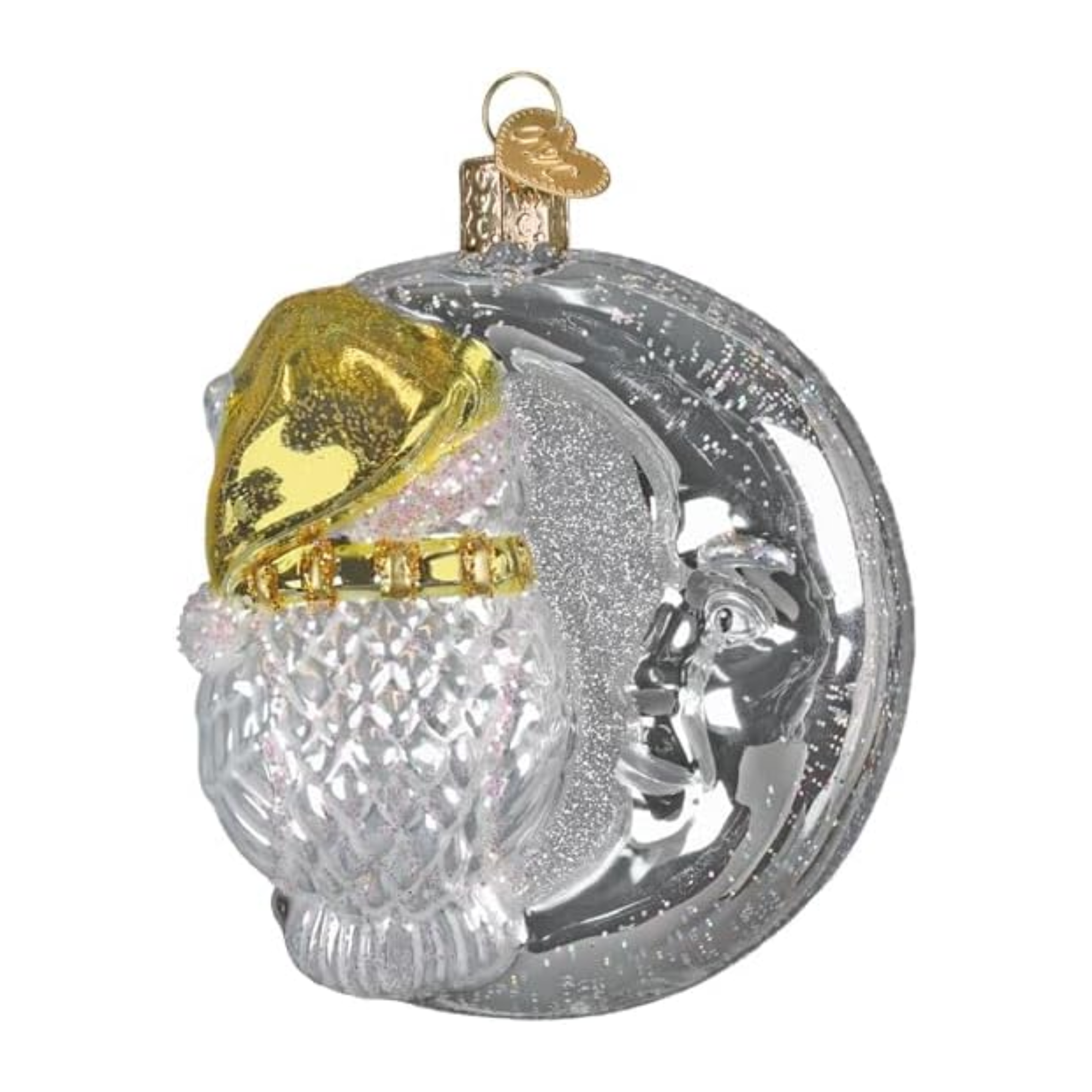 Old World Christmas Blown Glass Sterling Snow Owl on Moon Ornament