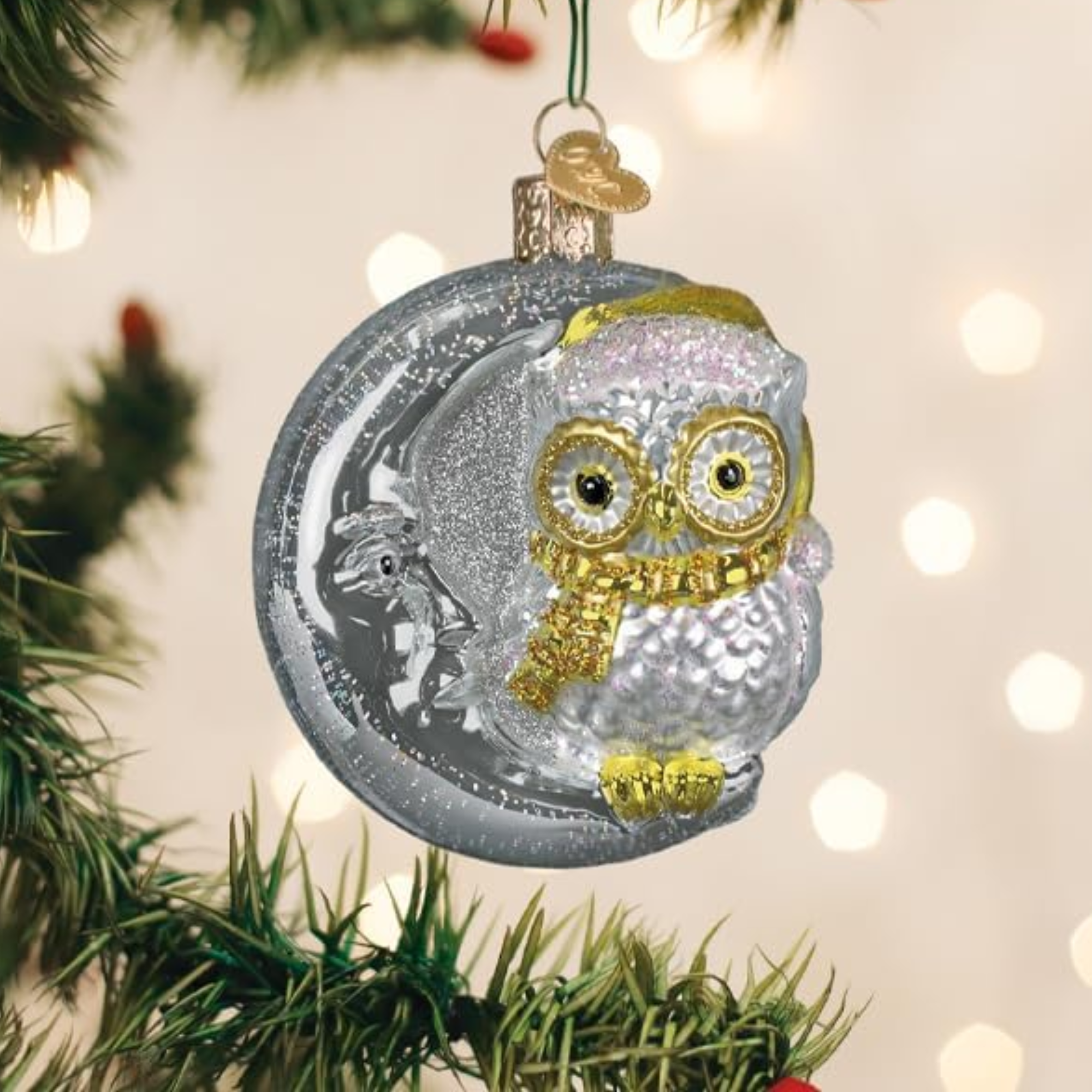 Old World Christmas Blown Glass Sterling Snow Owl on Moon Ornament