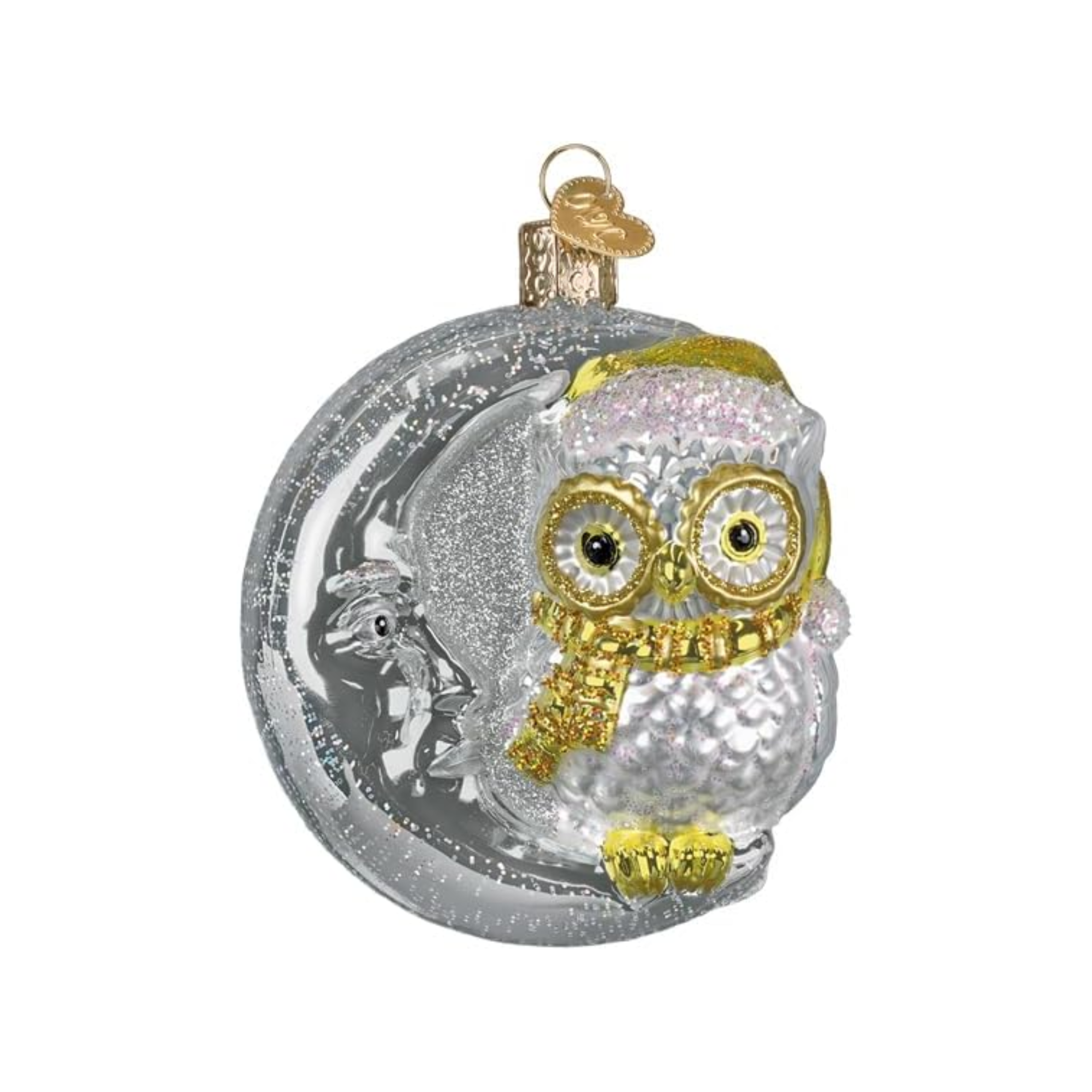 Old World Christmas Blown Glass Sterling Snow Owl on Moon Ornament