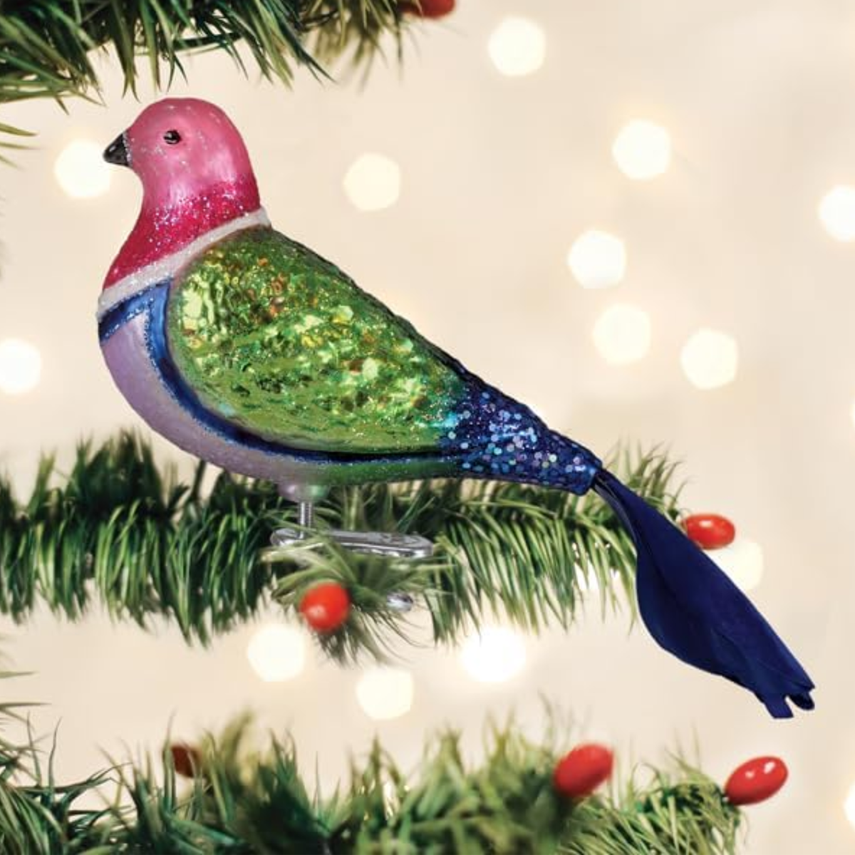 Old World Christmas Blown Glass Pink Fruit Dove Ornament