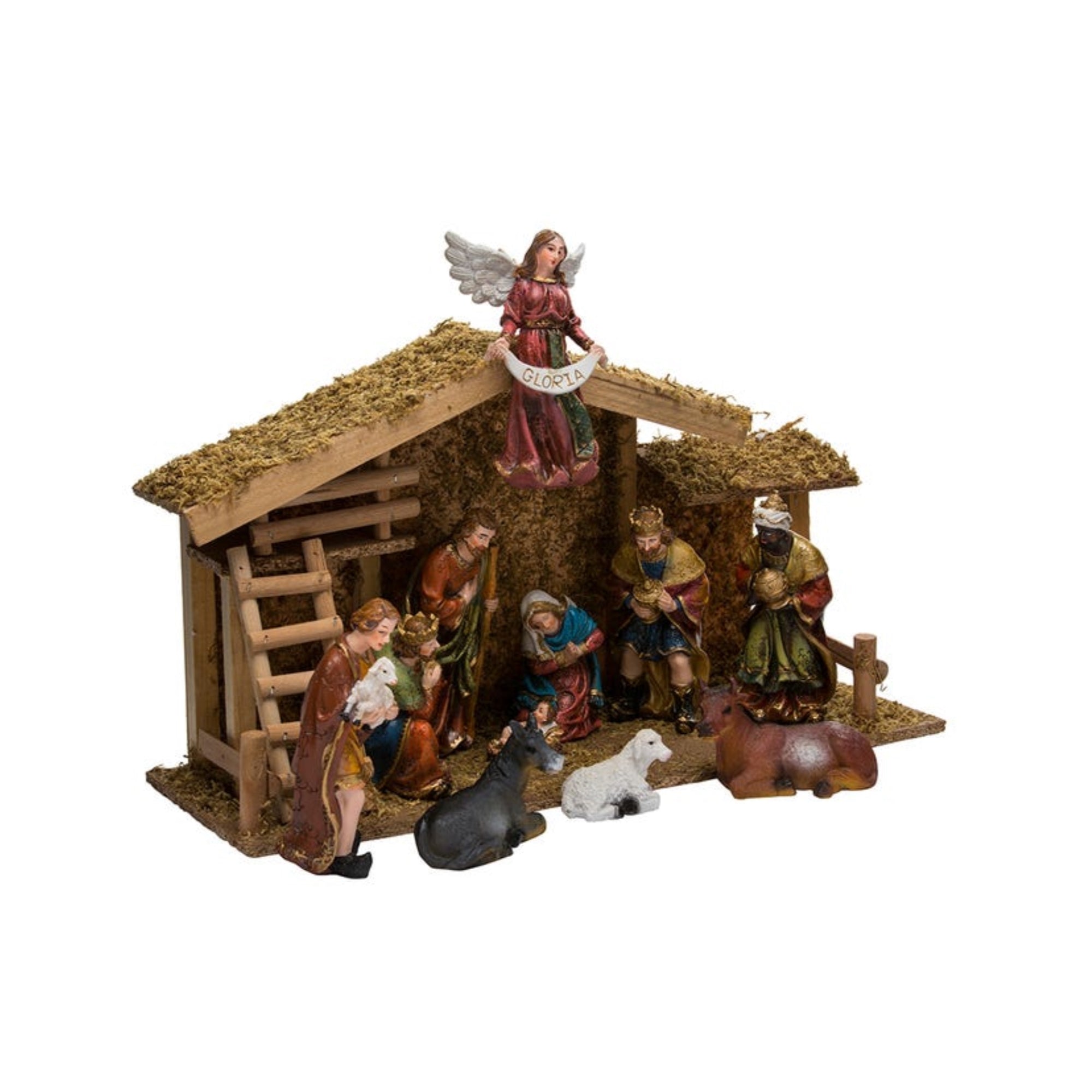 Kurt Adler Nativity Set with Wooden Stable, 12-Piece Set