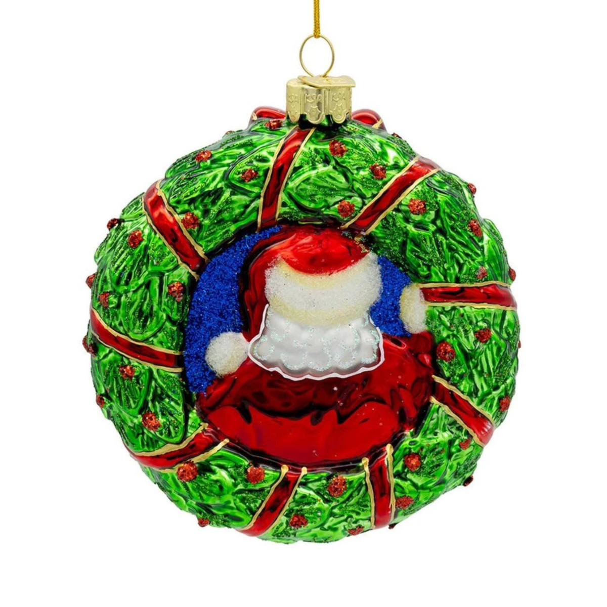 Kurt Adler Noble Gems Glass Ornament Collection, Santa in Wreath, 4.5in