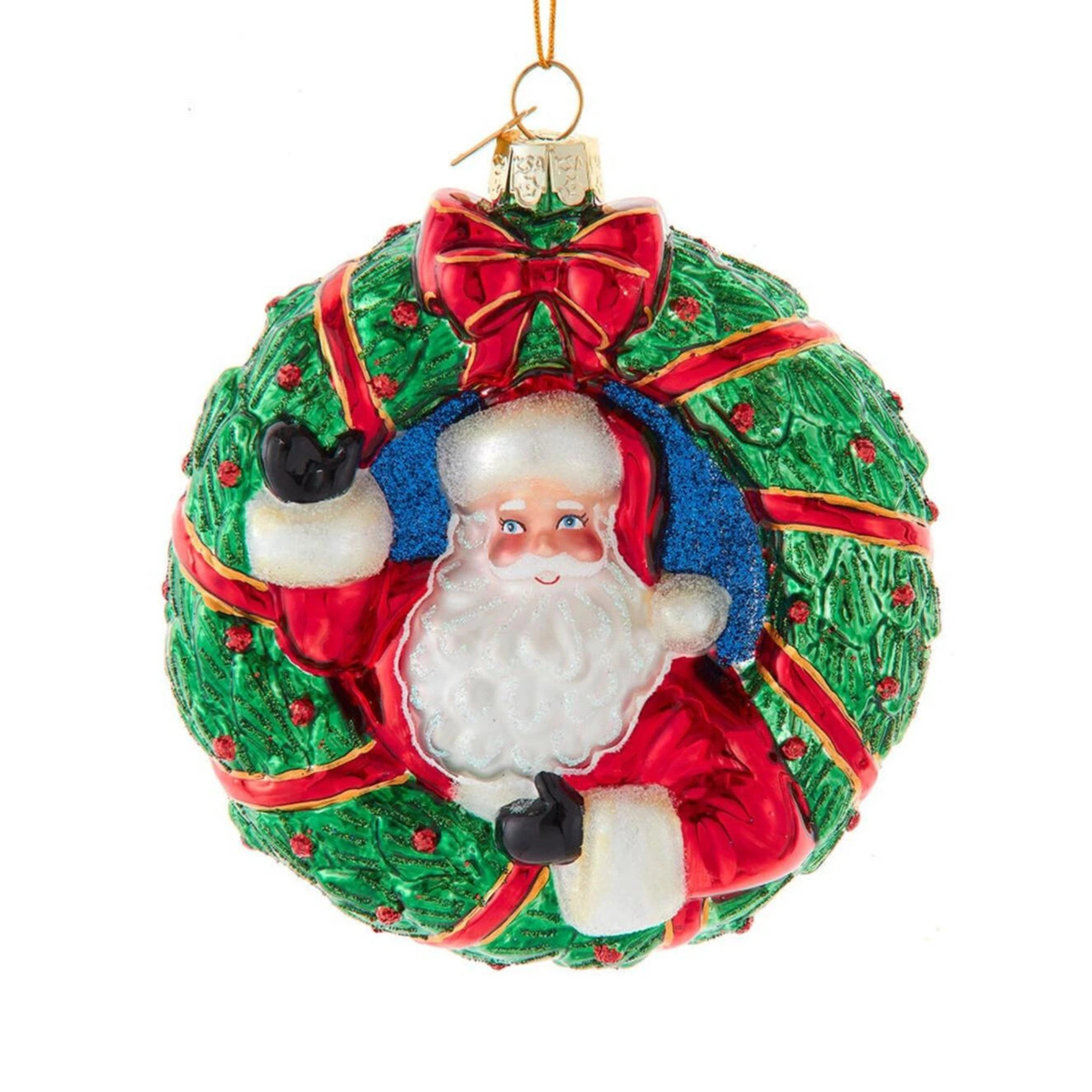 Kurt Adler Noble Gems Glass Ornament Collection, Santa in Wreath, 4.5in