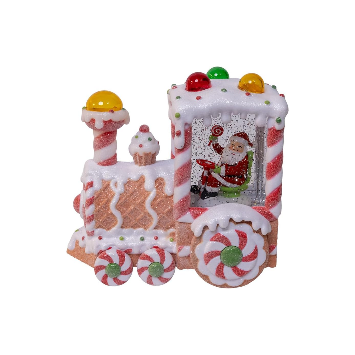 Kurt Adler Light Up Gingerbread Santa Train with Spinning Glitter, 7in