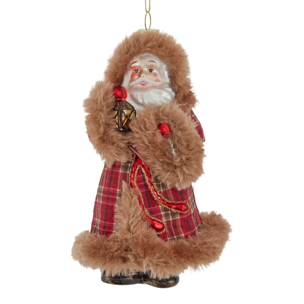 Kurt Adler Glass Santa with Fur Plaid Coat Ornament, 7in