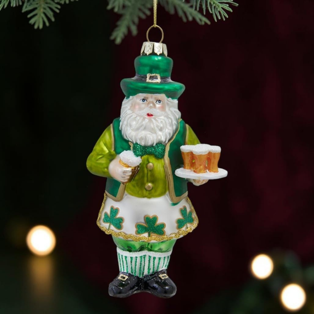 Kurt Adler Glass Ornament for Christmas Tree, Irish Santa with Beer, 6.25in