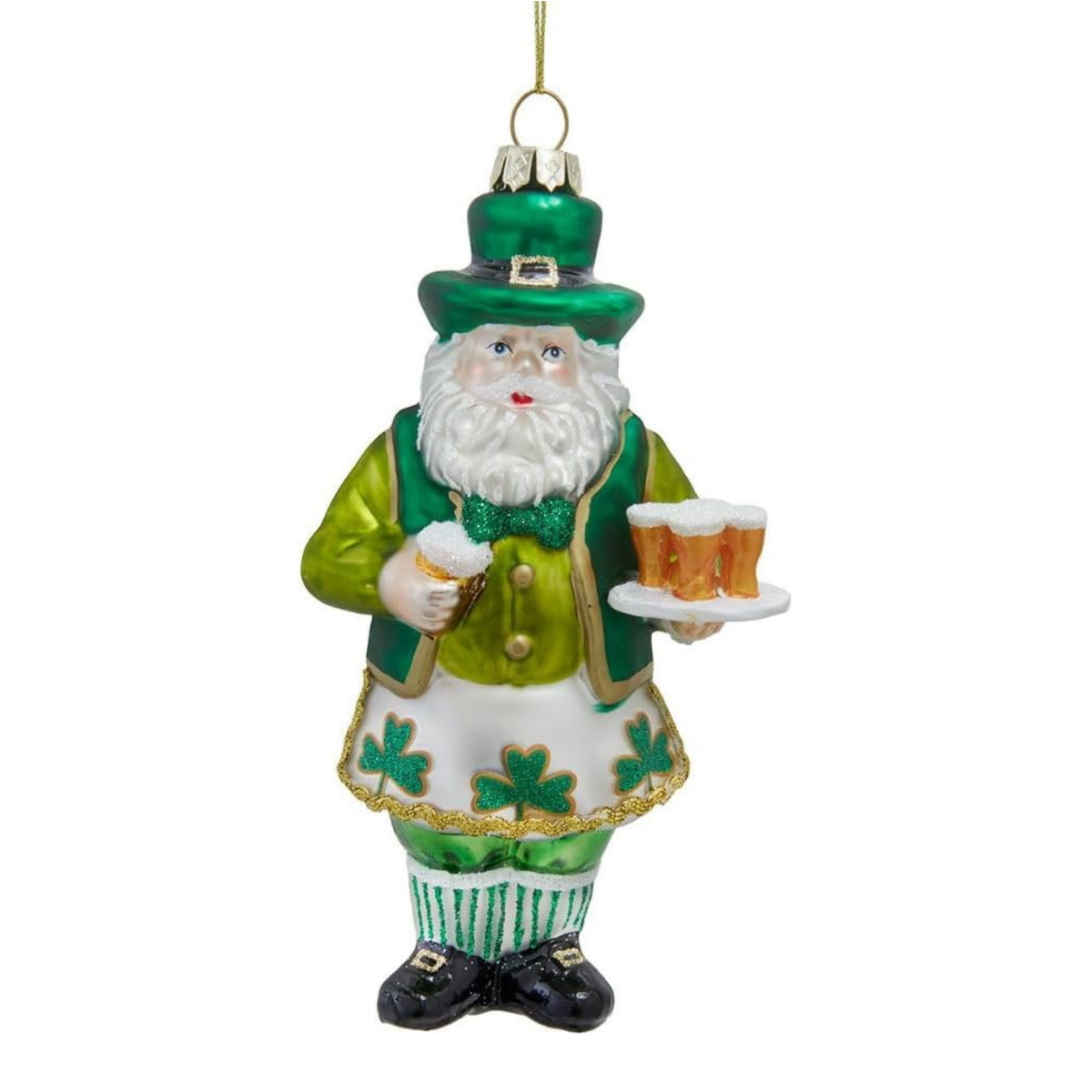 Kurt Adler Glass Ornament for Christmas Tree, Irish Santa with Beer, 6.25in