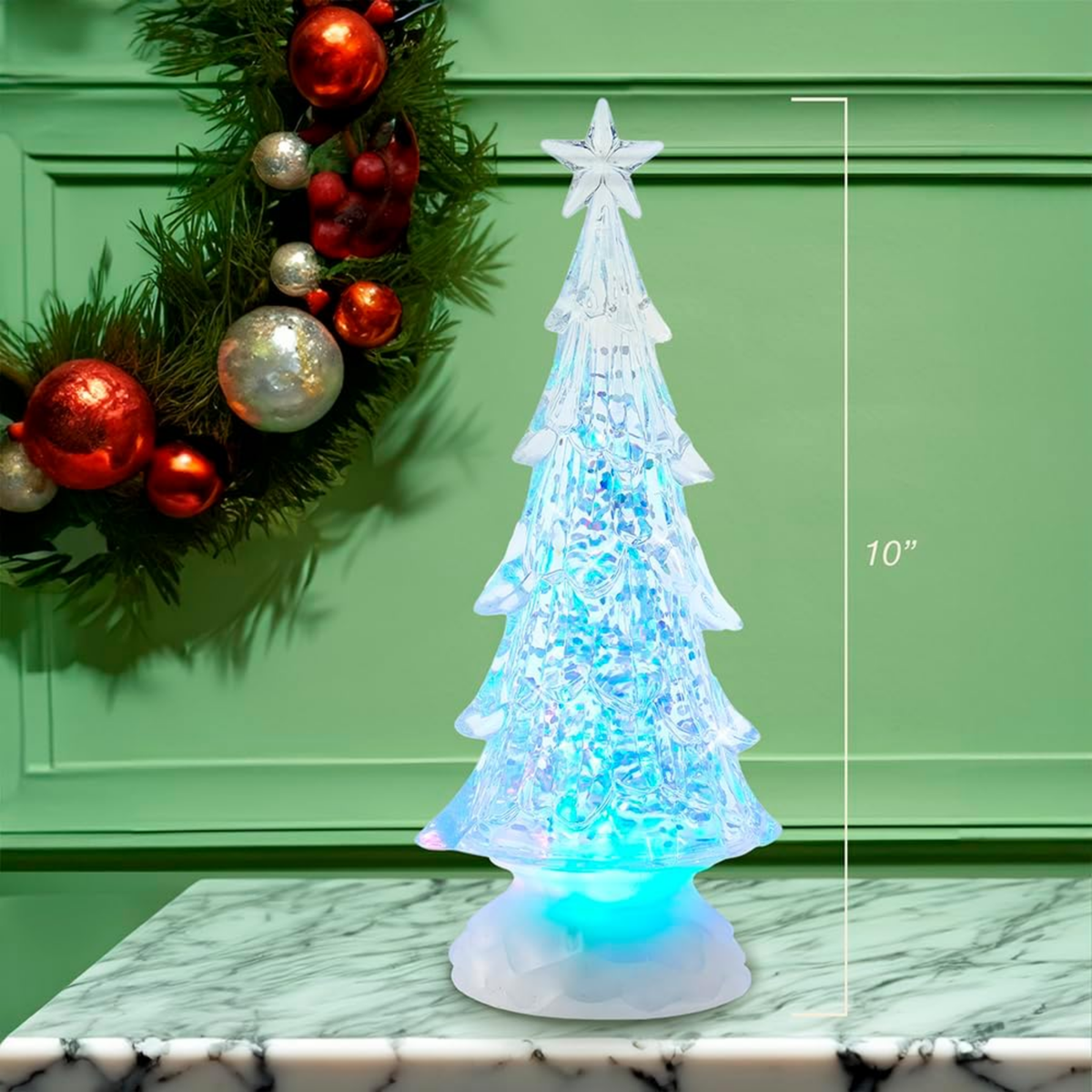 Kurt Adler LED Christmas Tree Figurine with Spinning Glitter, 10in