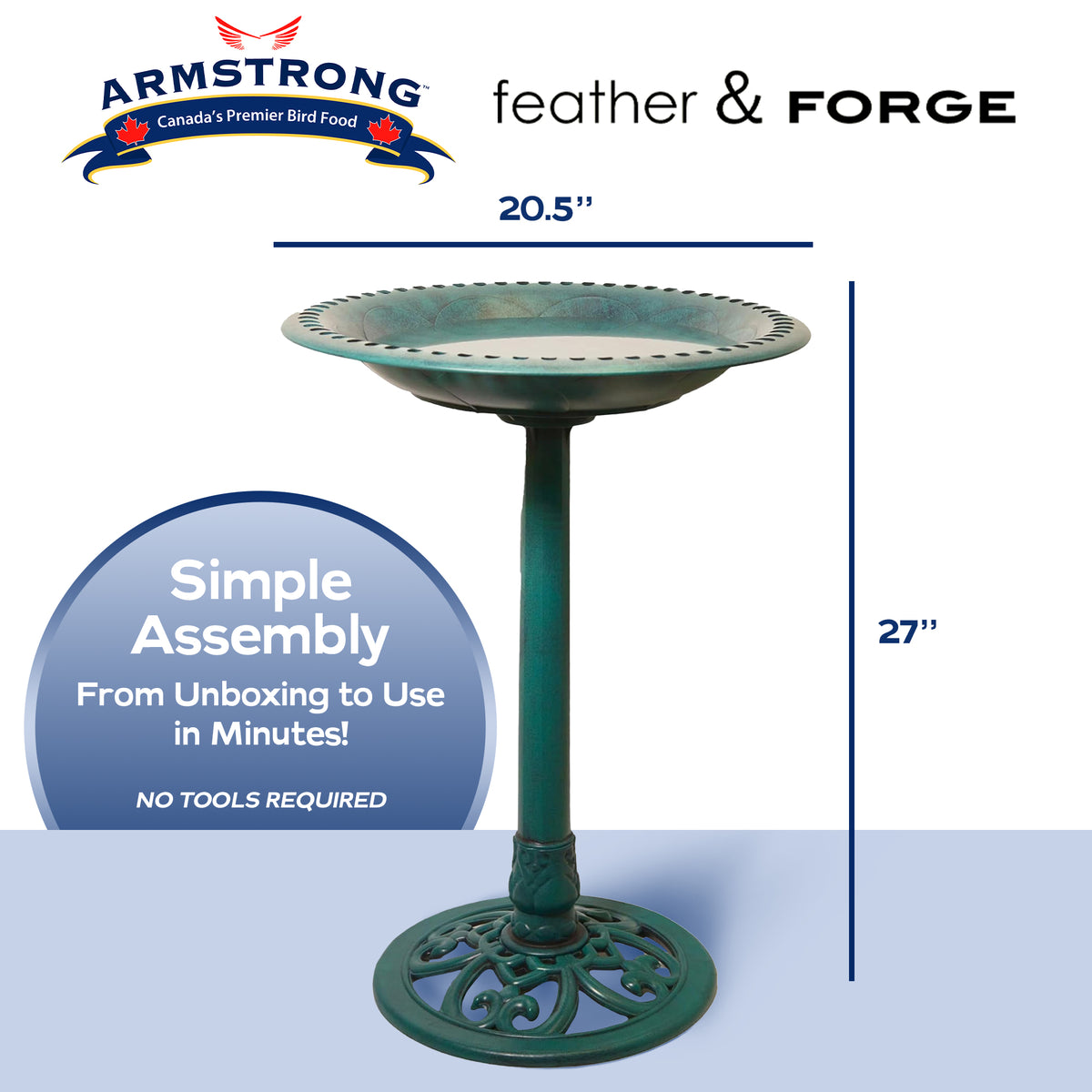 Armstrong Wild Bird Food Feather & Forge Elegant Polymer Bird Bath, Jade, 27in