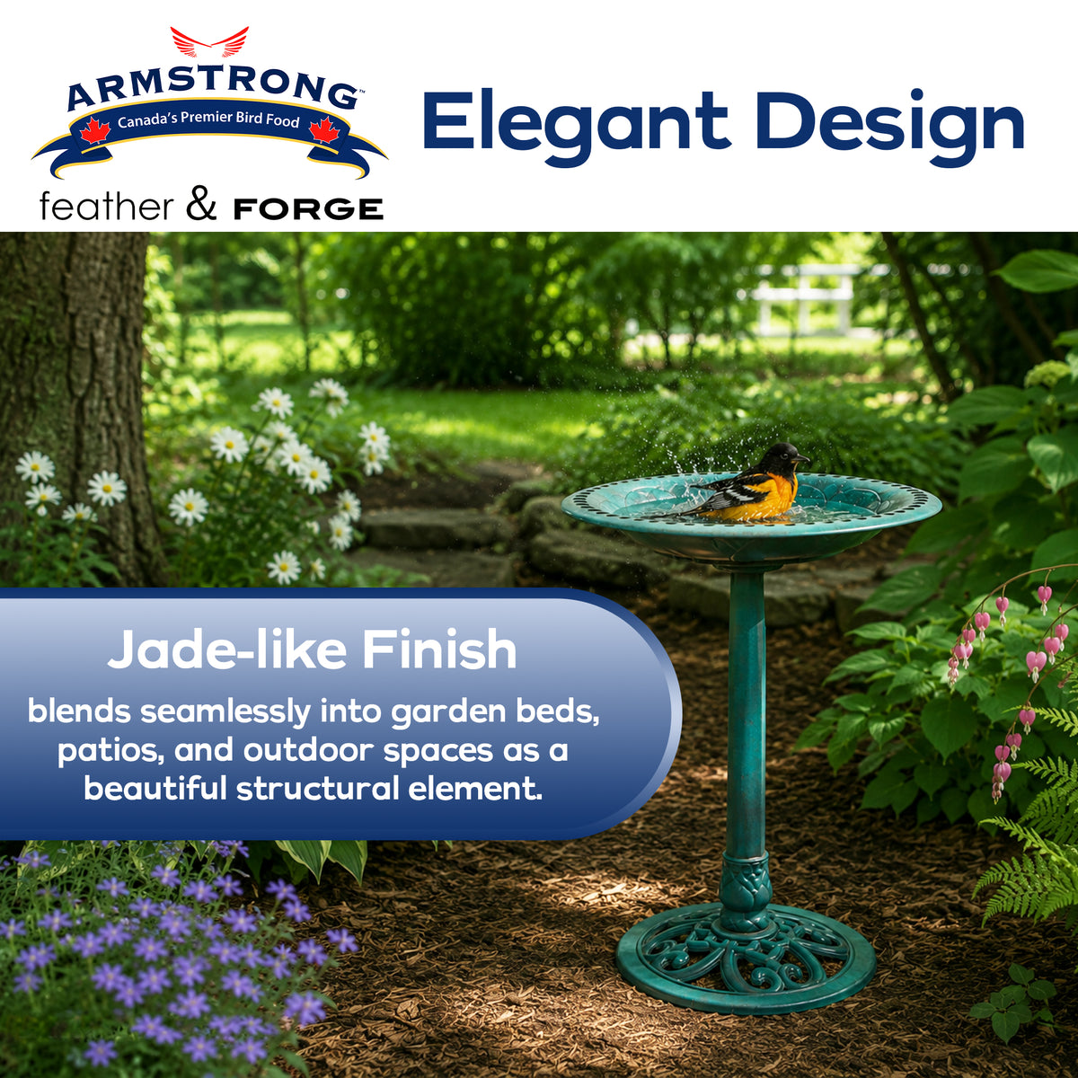 Armstrong Wild Bird Food Feather & Forge Elegant Polymer Bird Bath, Jade, 27in