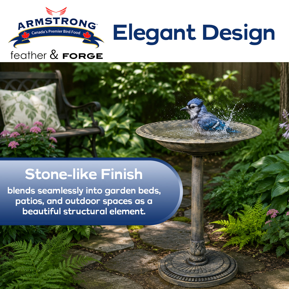 Armstrong Wild Bird Food Feather & Forge Elegant Polymer Bird Bath, Stone, 27in