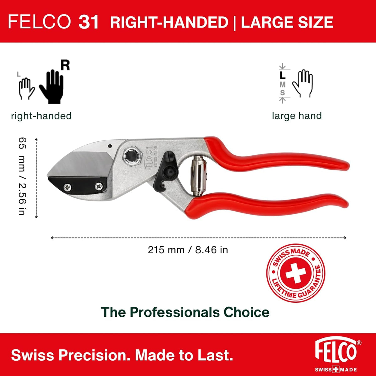 FELCO F31 Ambidextrous Steel Anvil Pruning Shears with Ergonomic Handle