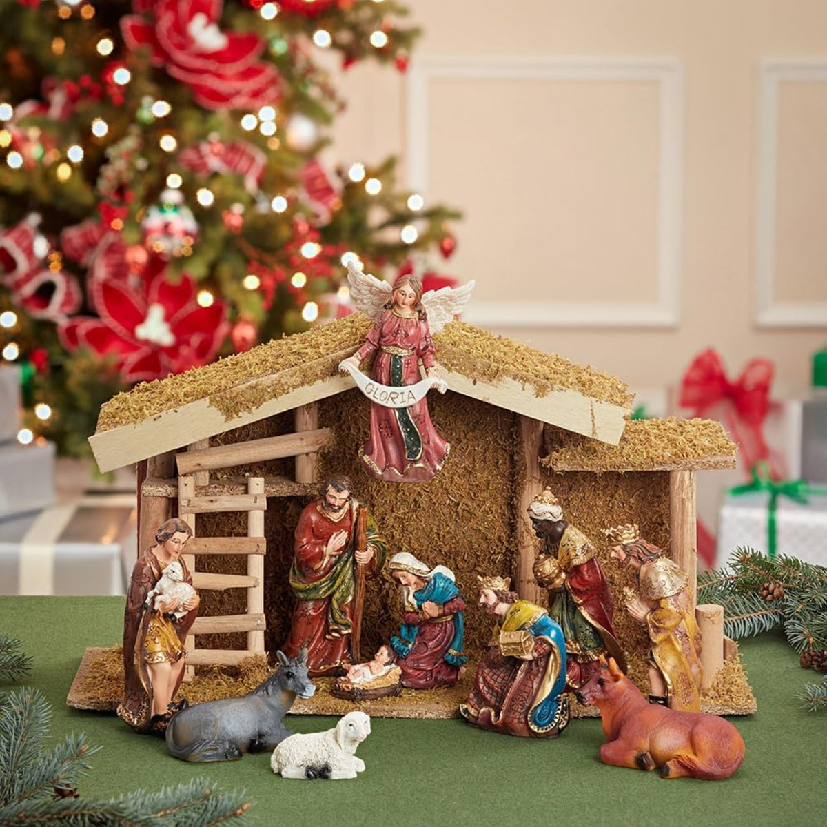 Kurt Adler Christmas Nativity Set with Wooden Stable, 12-Piece Set