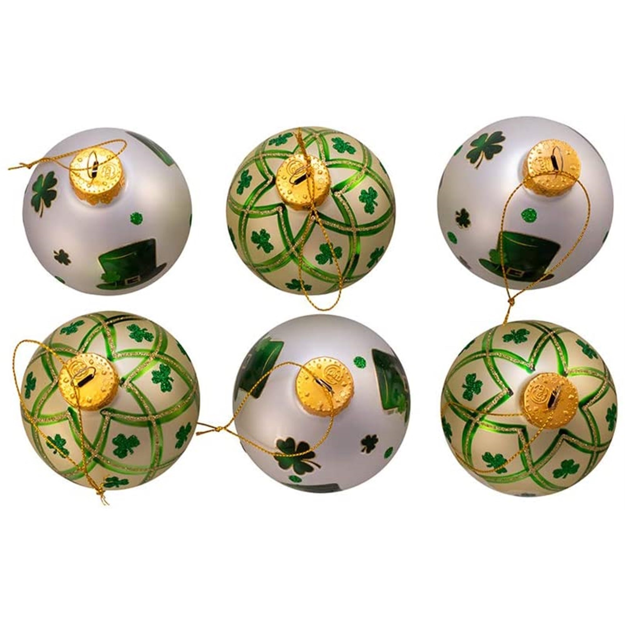 Kurt Adler Glass Ball Christmas Tree Ornament Set, Irish Design, Silver & Light Green 3" (6-Count)