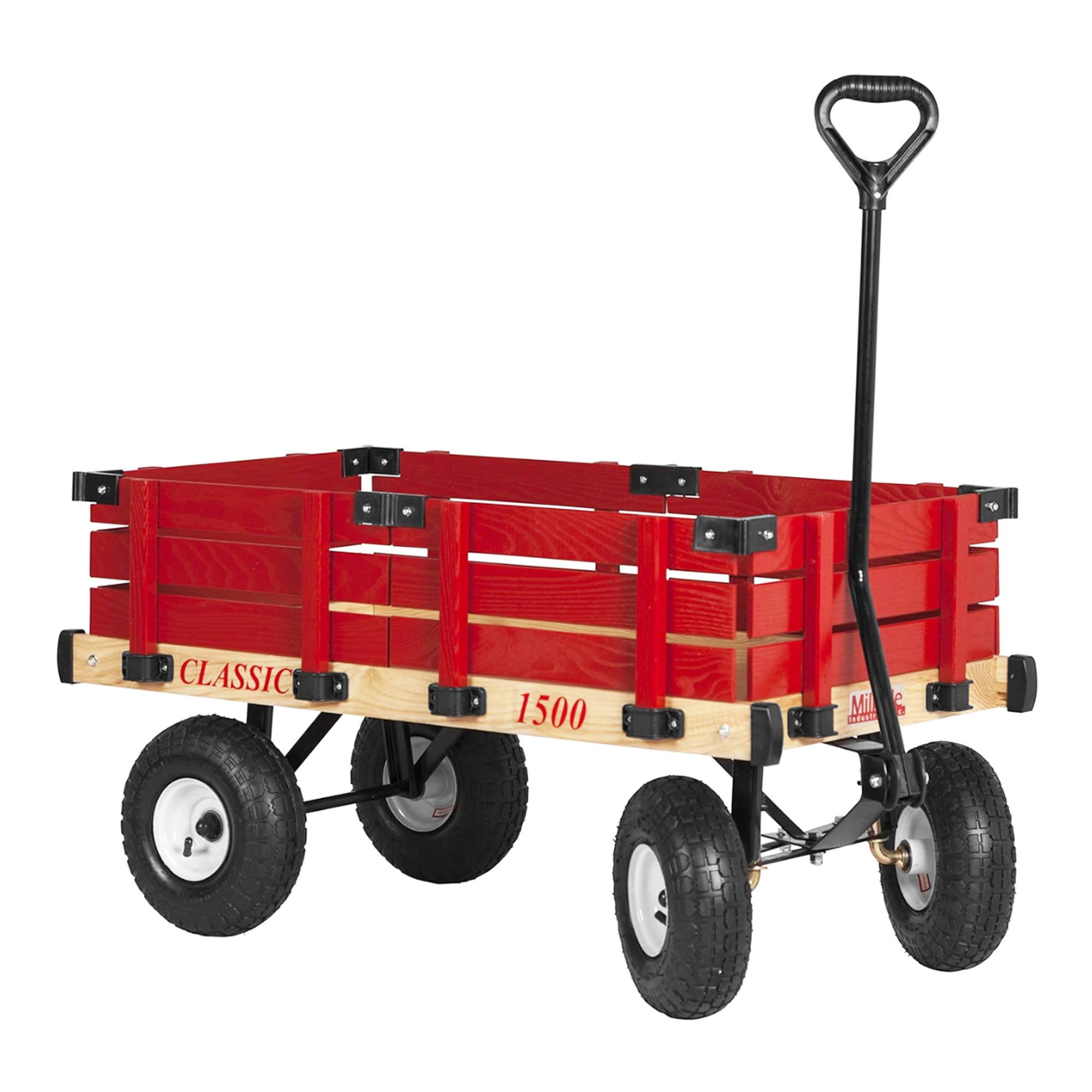 Millside Industries Classic Wood Wagon Cart with Removable Wooden Side Racks and Pneumatic Tires for Outdoor Hauling, Red, 20" x 38"