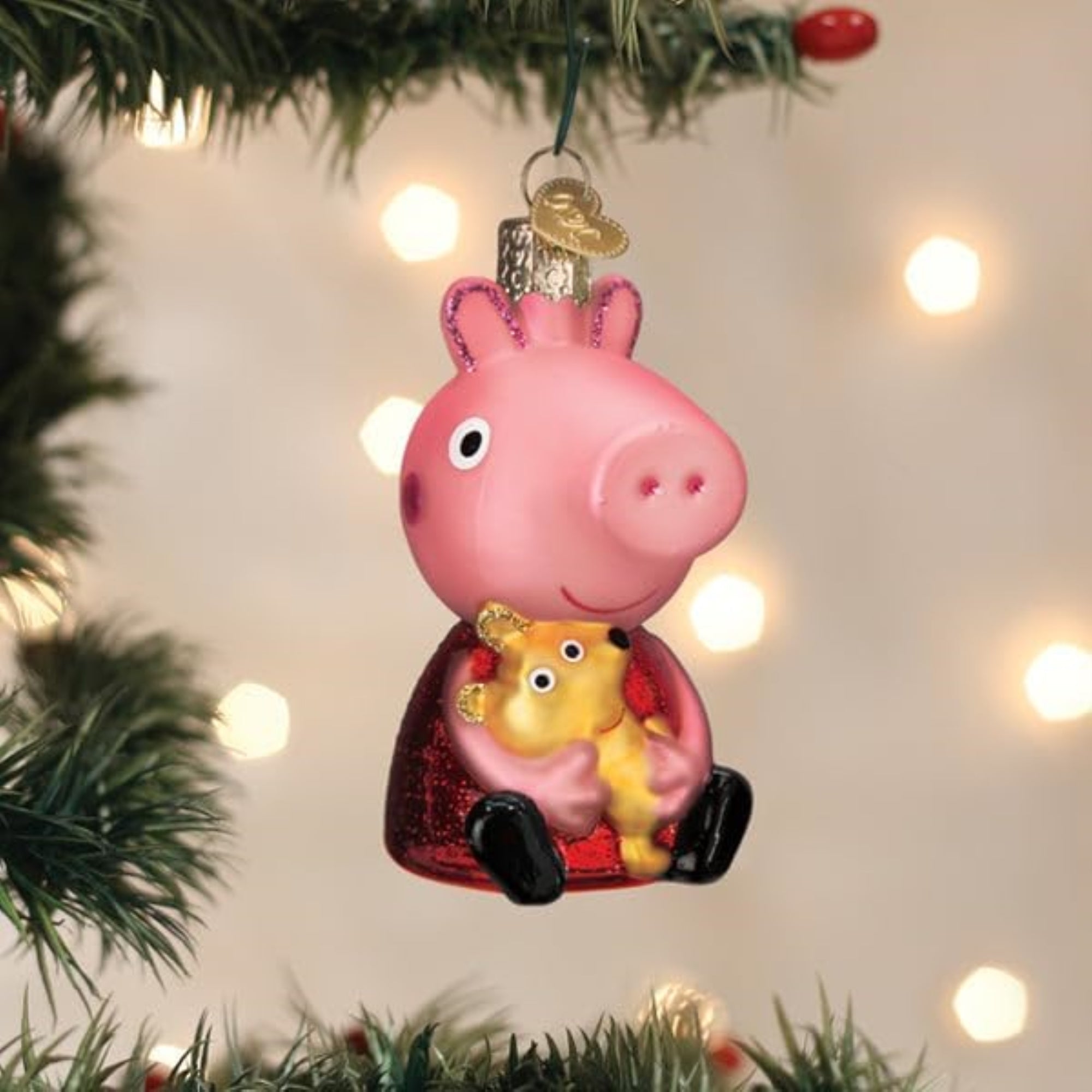 Old World Christmas Blown Glass Ornament for Christmas Tree, Peppa Pig With Teddy (with OWC Gift Box)