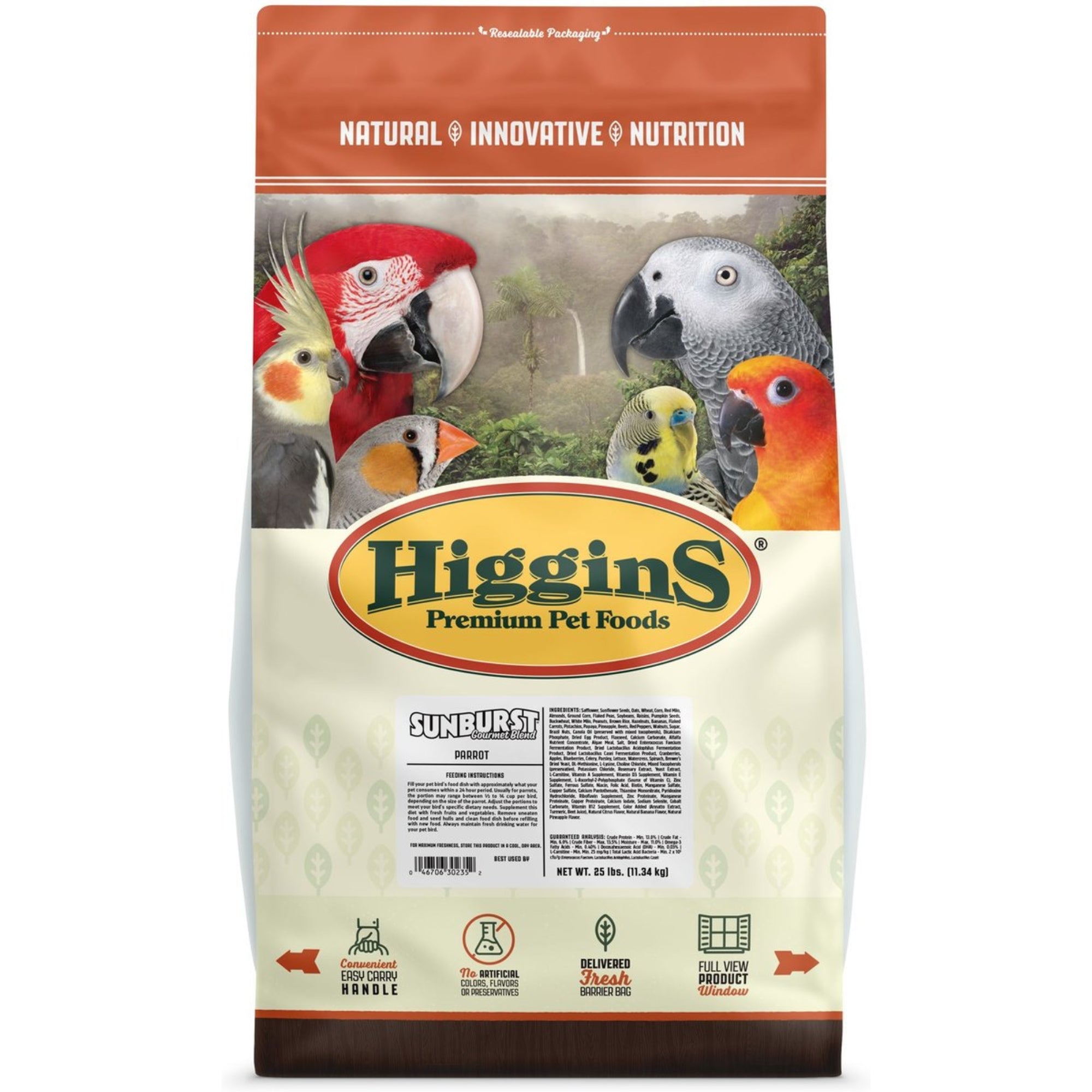 Higgins Sunburst Gourmet Bird Food Blend for Parrots, Food and Treat in One, 25lbs