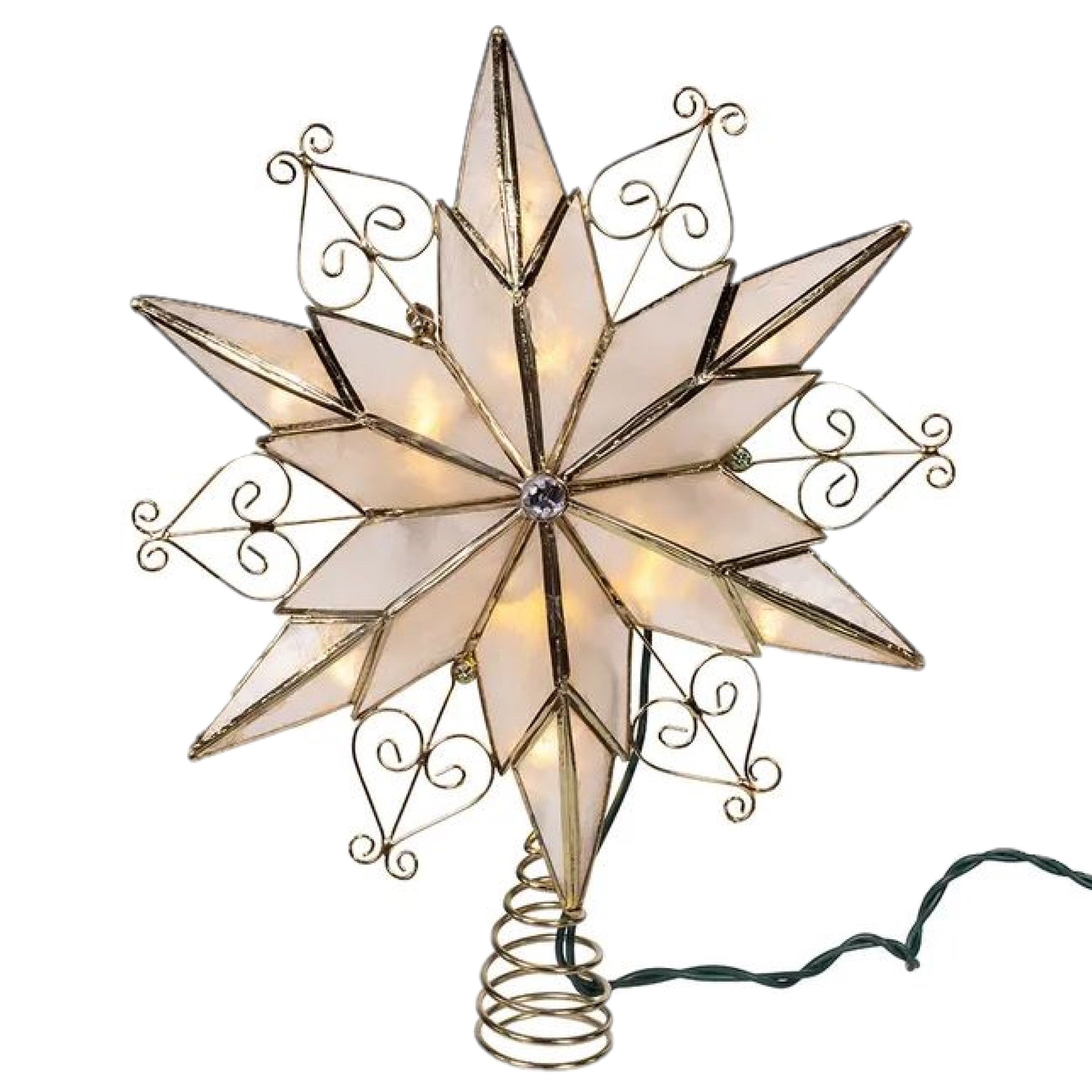 Kurt Adler 10-Light LED Brass Plated Capiz Star Tree Topper, 6-Point with Scroll Design