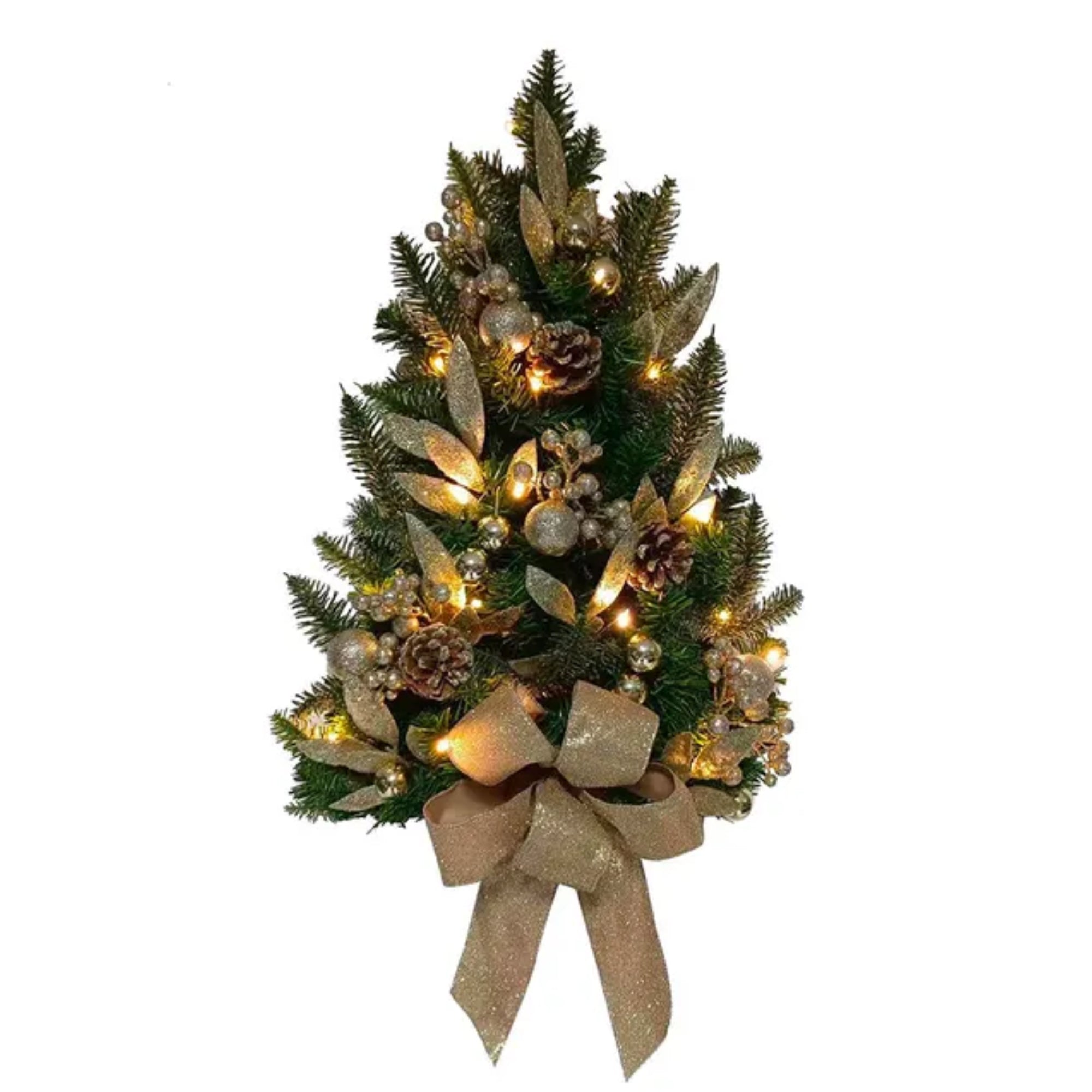 Kurt Adler Pre-Lit Battery Operated Wall Tree with Bow, Champagne, 22in