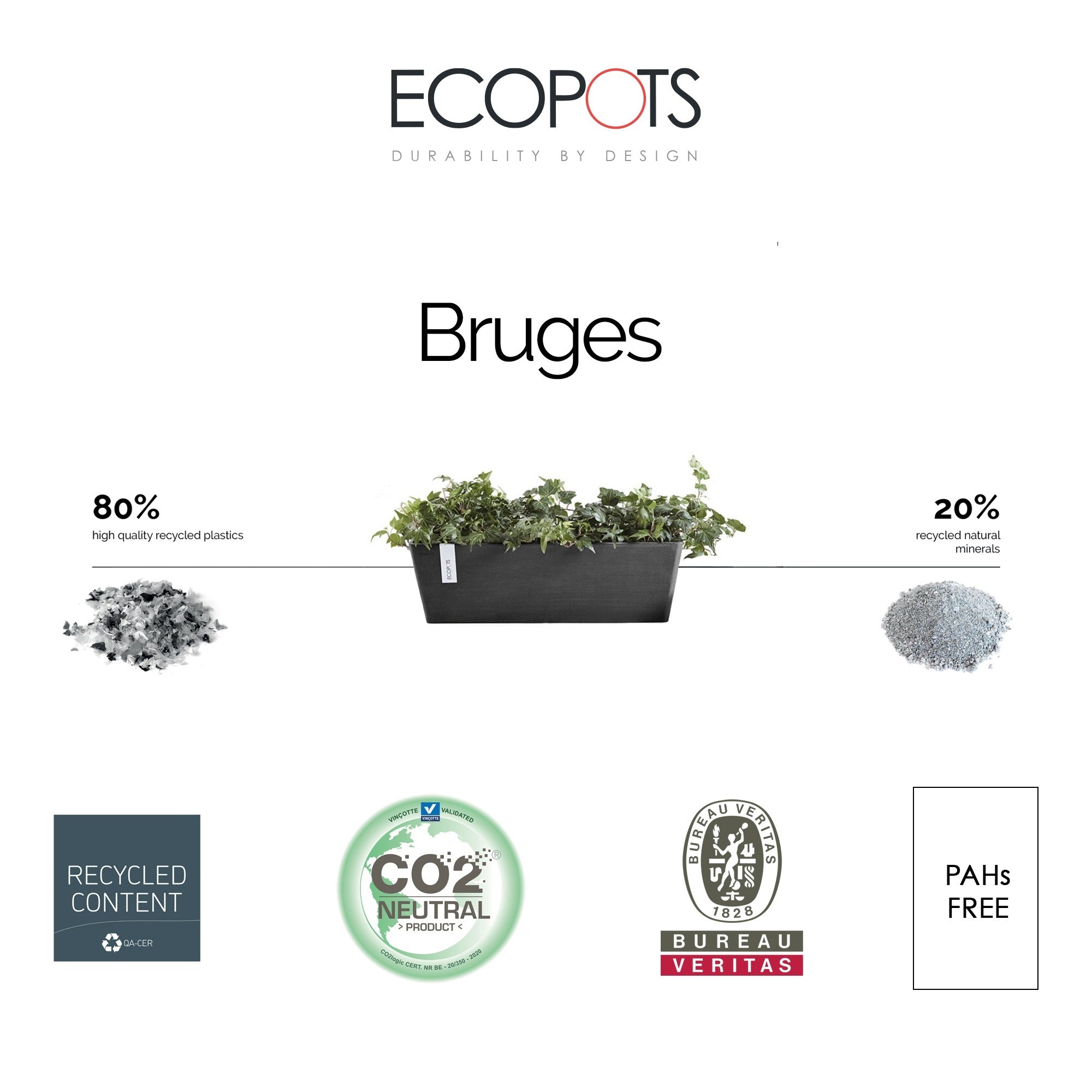 Ecopots Bruges Indoor/Outdoor Modern Plastic Rectangular Flower Planter