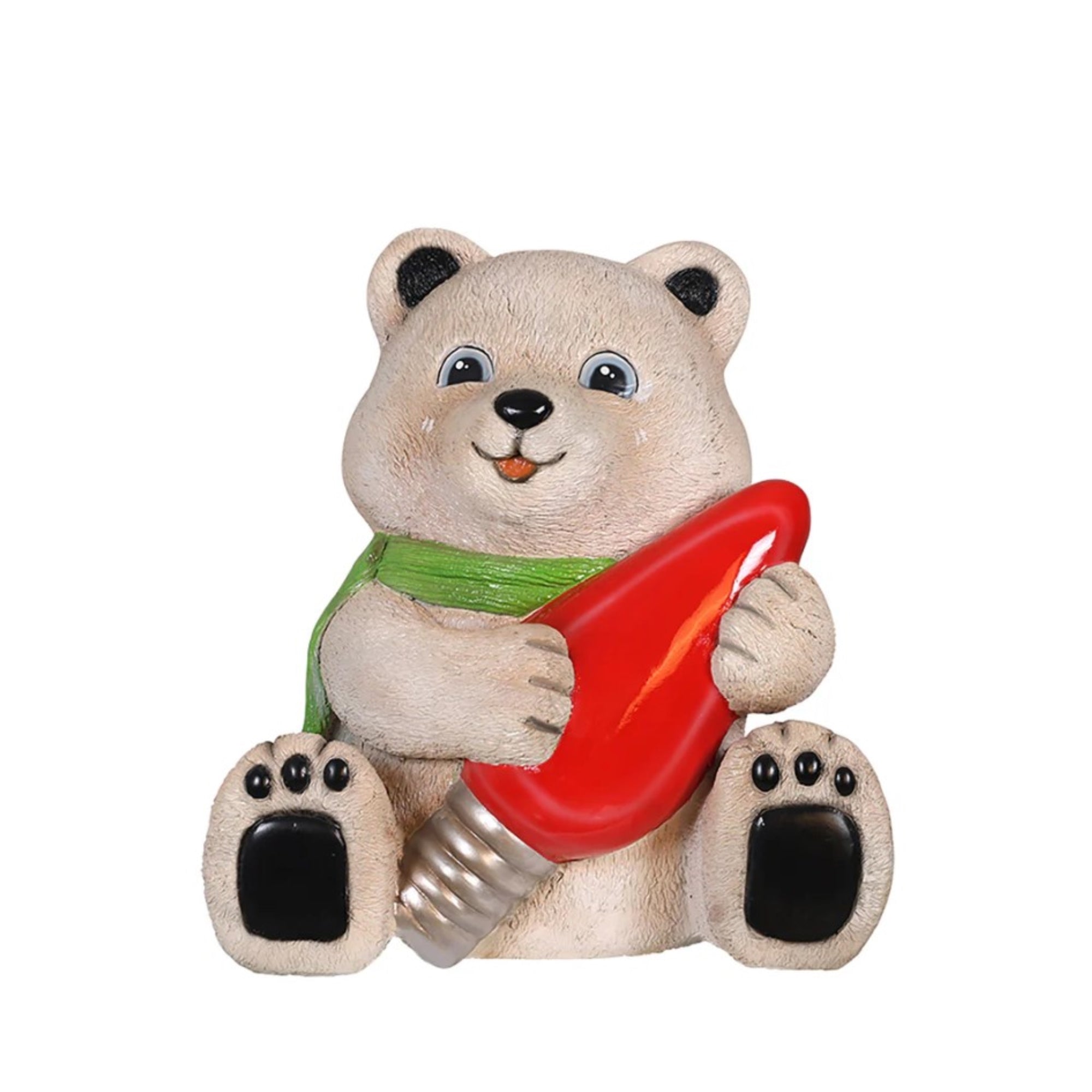 Garden Elements Fiberglass Christmas Figurine Statue Yard Decor, Baby Polar Bear Holding Red Light Bulb, 24"