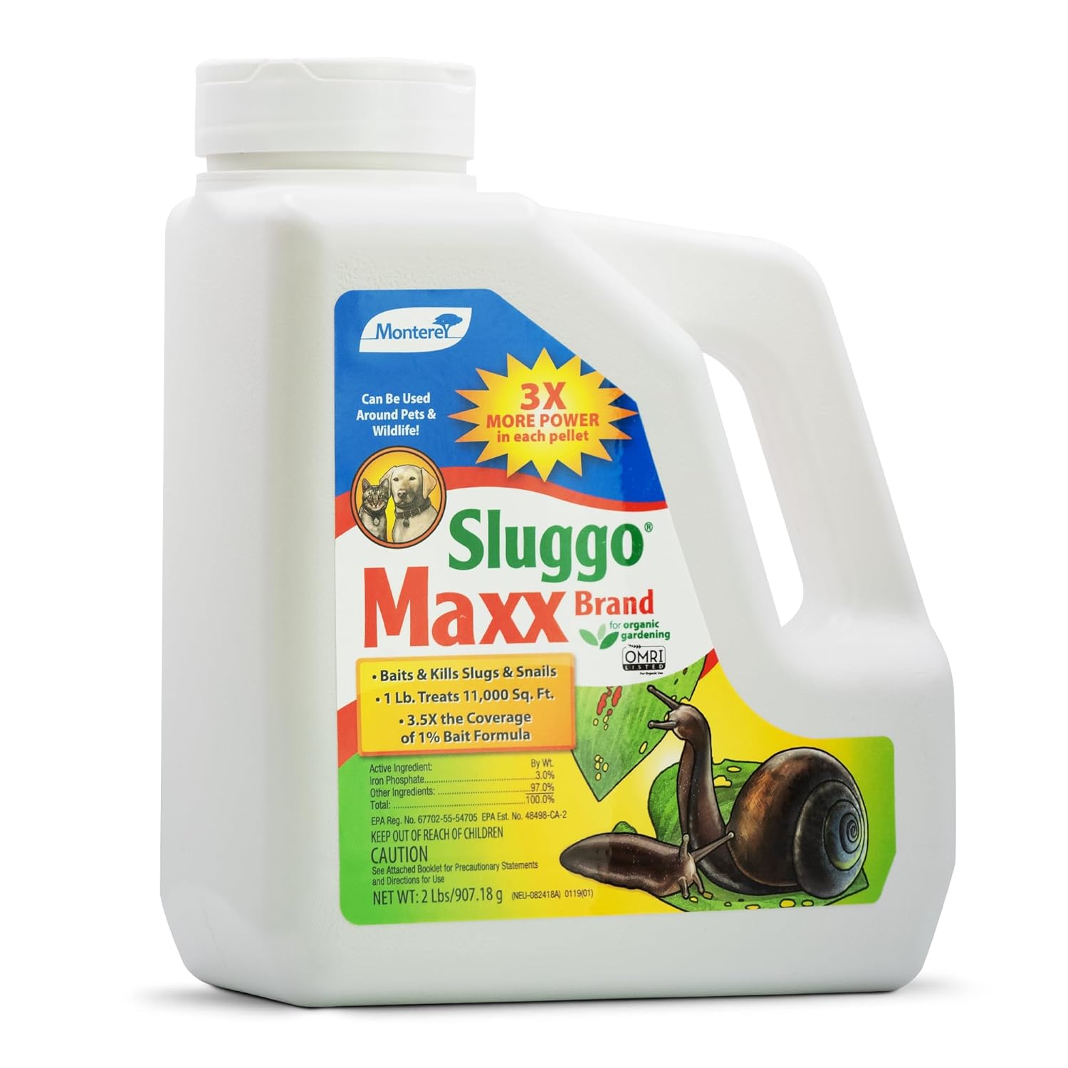 Monterey Sluggo Maxx Slug & Snail Killer Bait, 3% Iron Phosphate Insecticide, 2 Pounds
