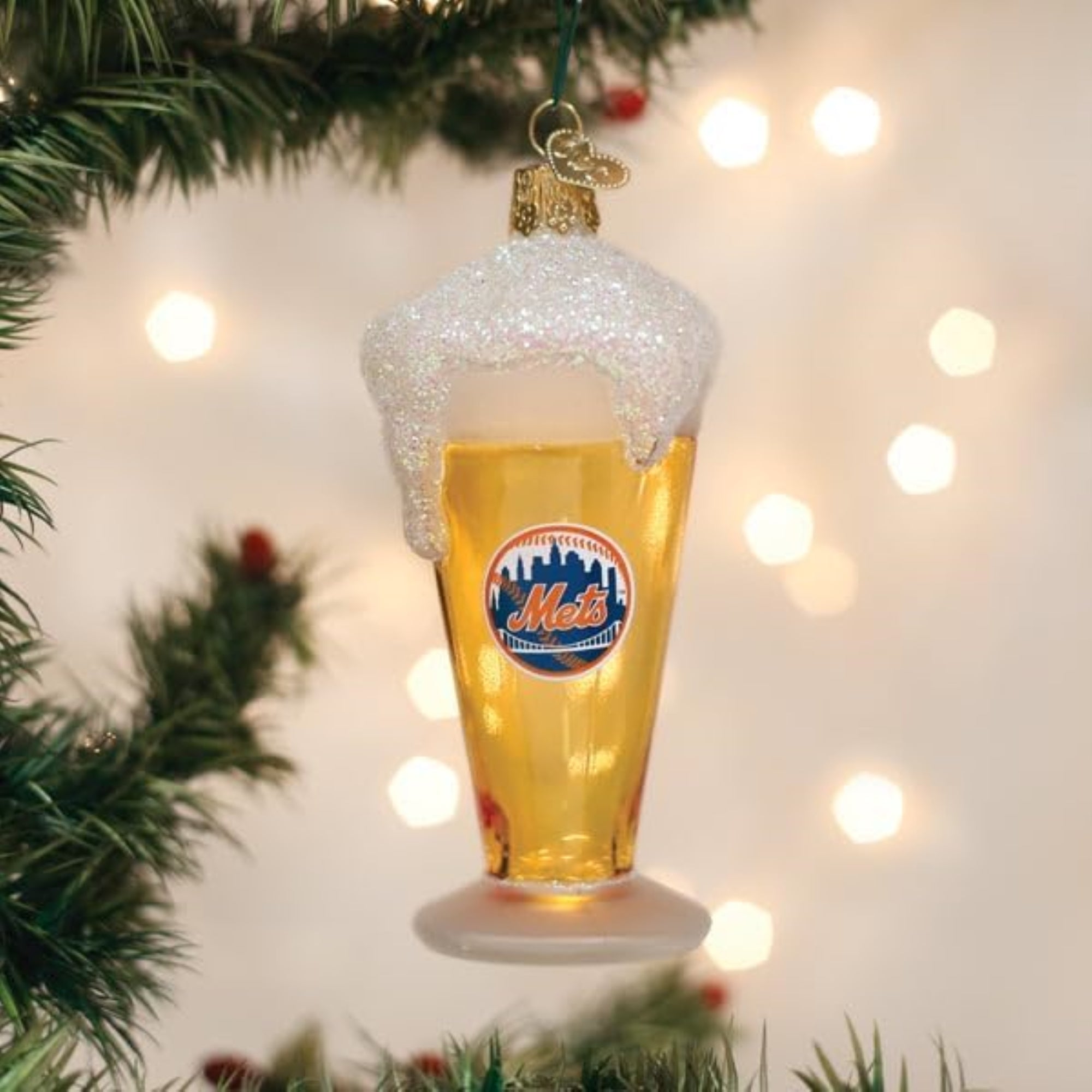 Old World Christmas Blown Glass Ornament for Christmas Tree, New York Mets Glass of Beer