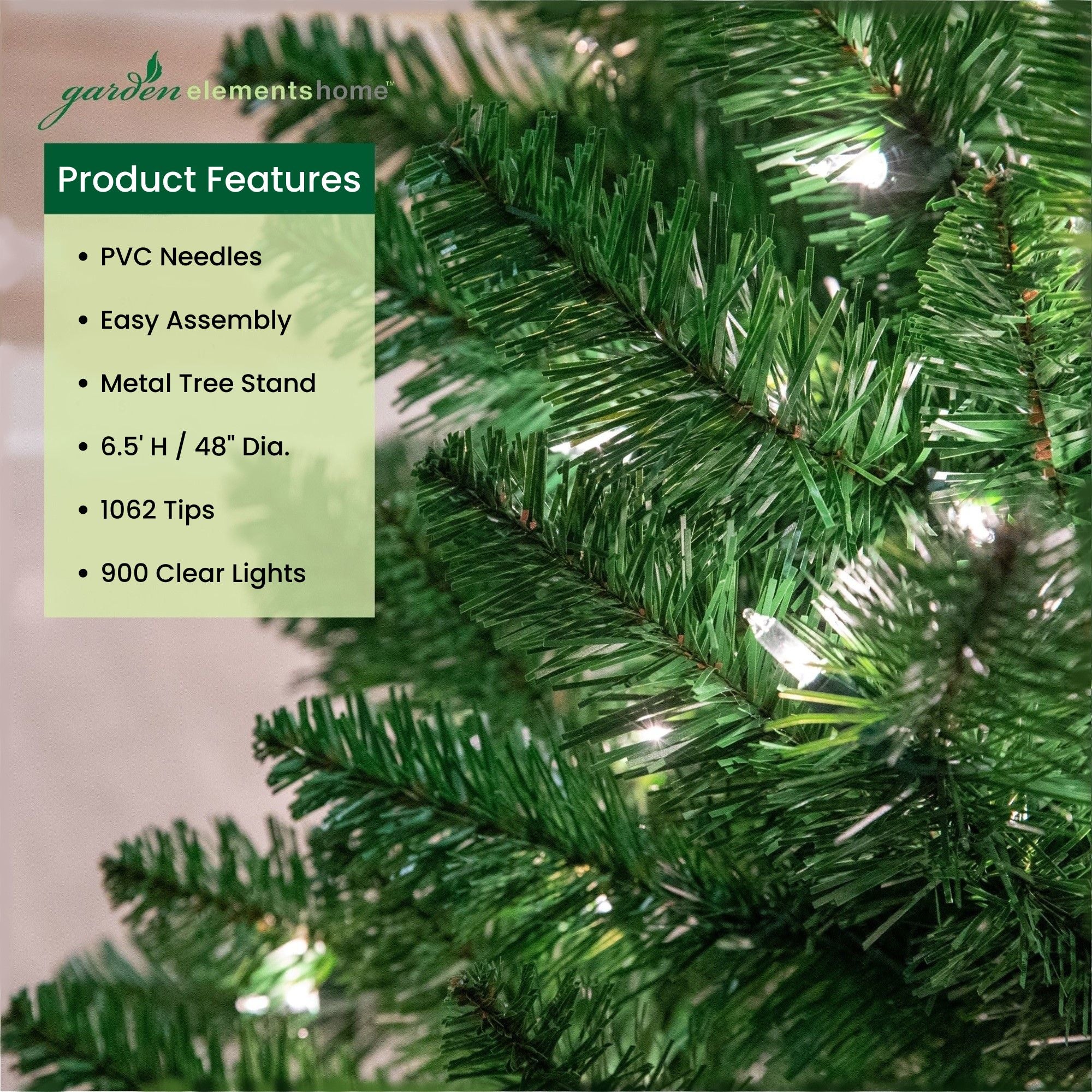 Garden Elements Artificial Pre-Lit Penn Spruce Artificial Christmas Tree, 1062 Tips, 900 Clear Lights, 6.5 ft