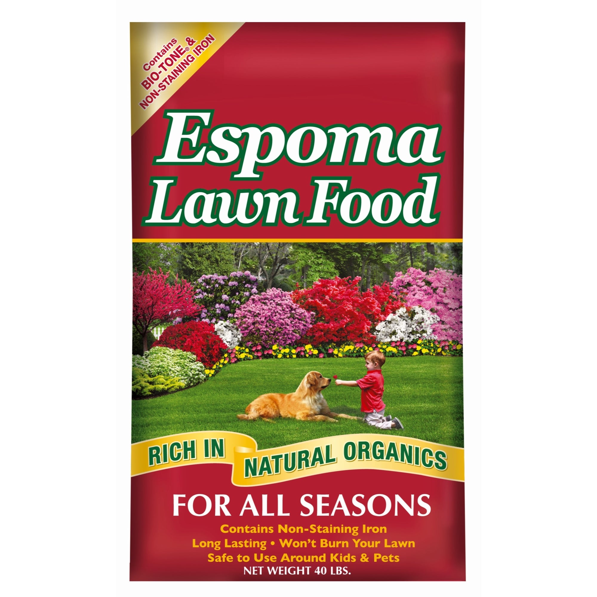 Espoma 15-0-5 Lawn Food, Rich in Natural Organics, for All Seasons, Contains Bio-tone & Non-Staining Iron, Safe to Use Around Kids & Pets