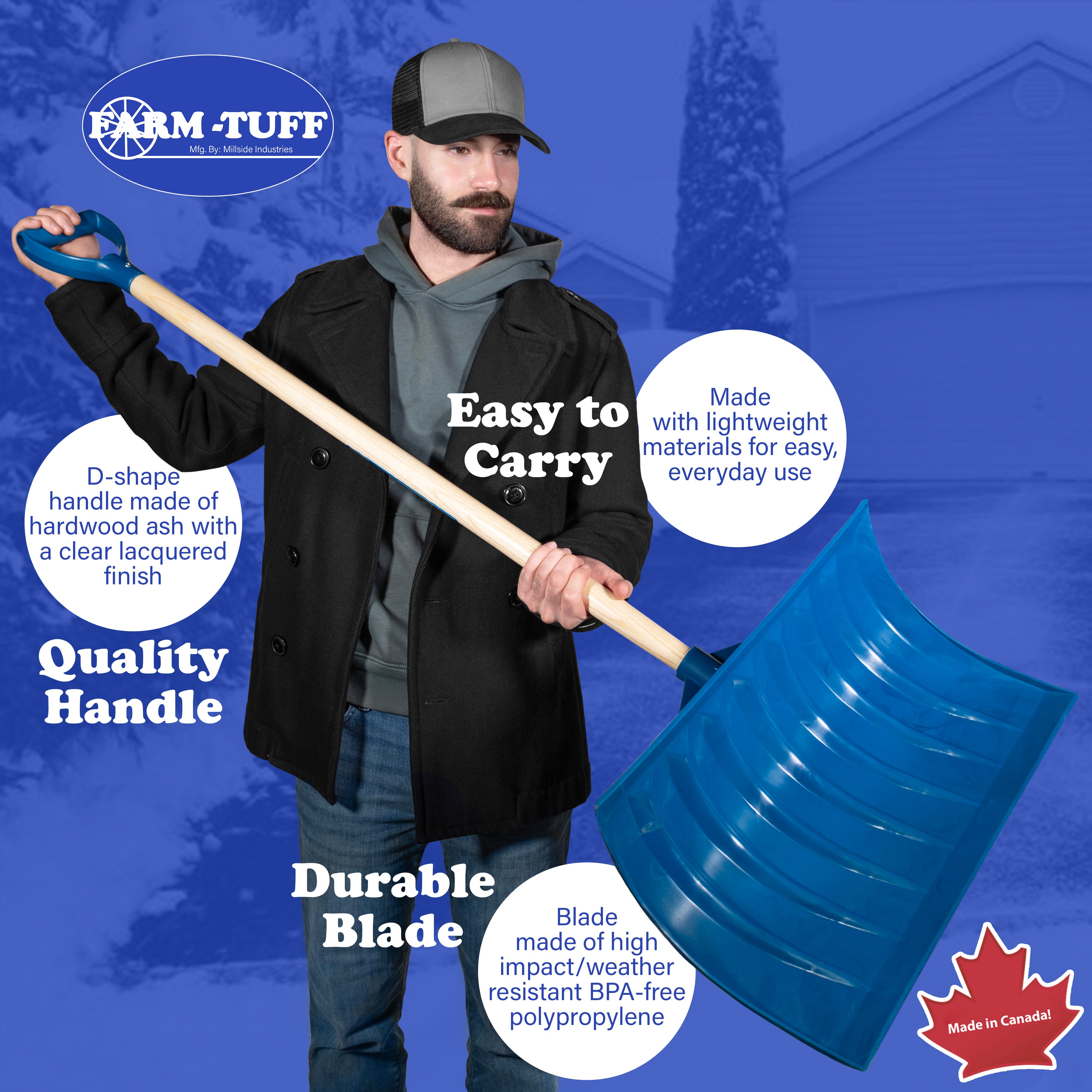 FARM-TUFF Durable Snow Shovel Pusher with Ash Hardwood Handle and Large Non Stick Plastic Blade, Blue, 21.8in