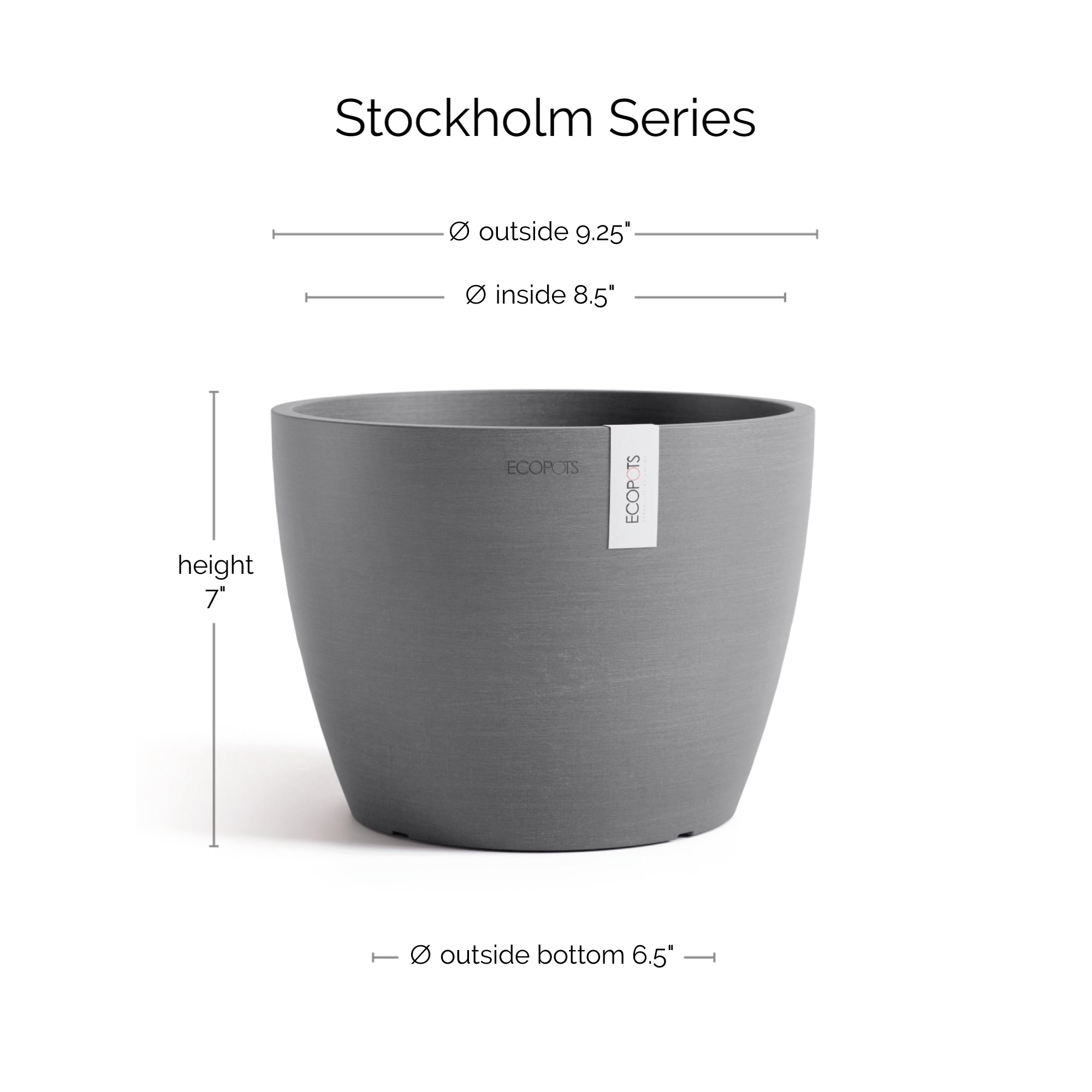EcoPots Stockholm Durable Indoor/Outdoor Modern Round Recycled Plastic Planter Flower Pot