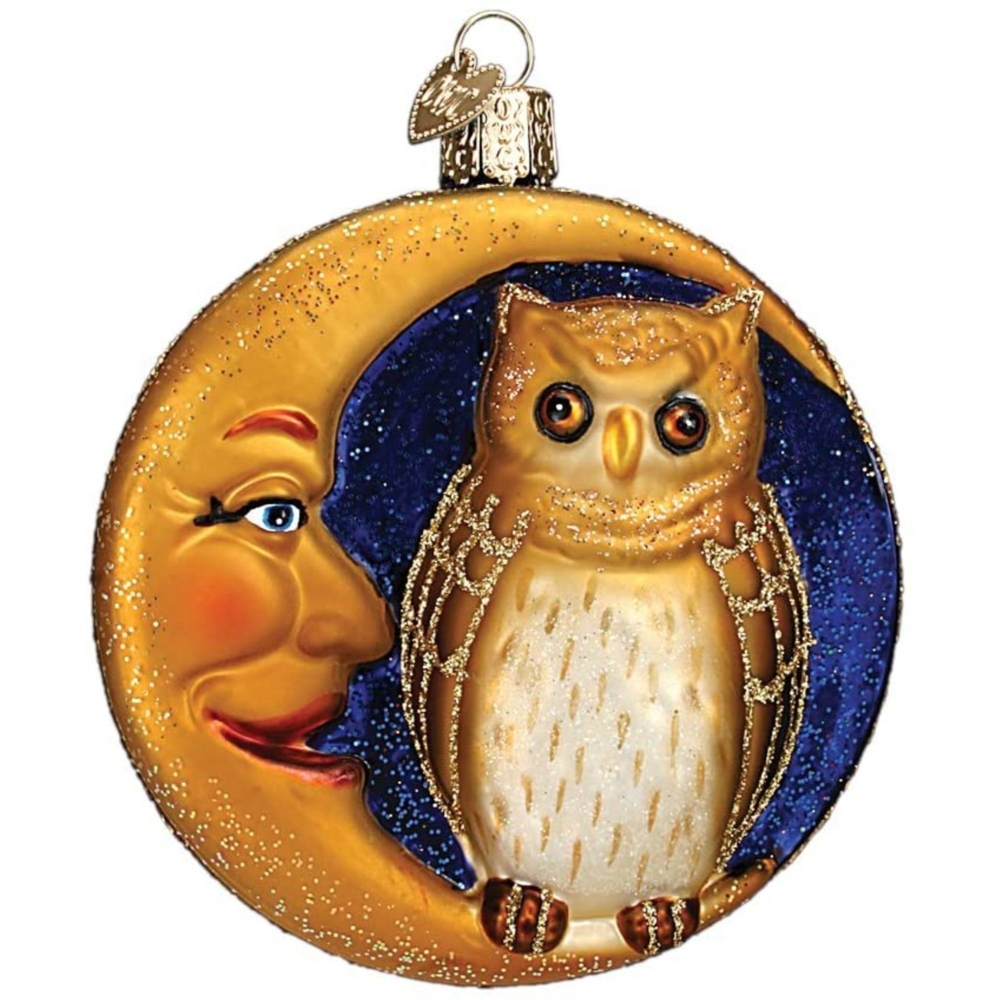 Old World Christmas Glass Blown Ornament Owl in Moon, 3.75"