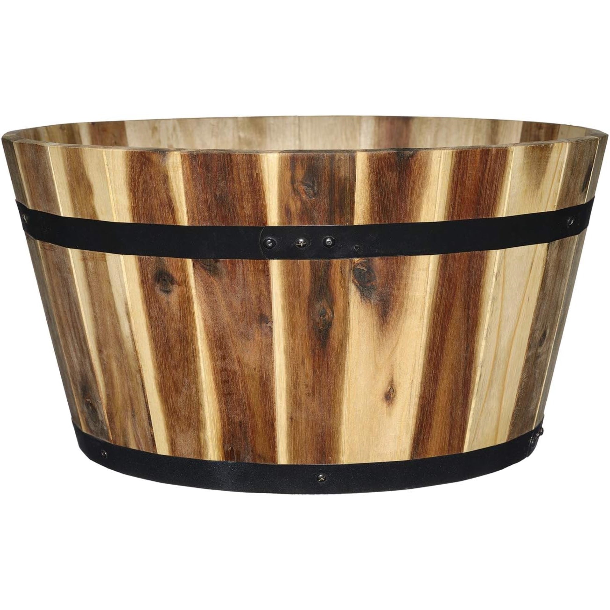 Classic Home and Garden Acacia Wood Whiskey Barrel Planters with Black Metal Band