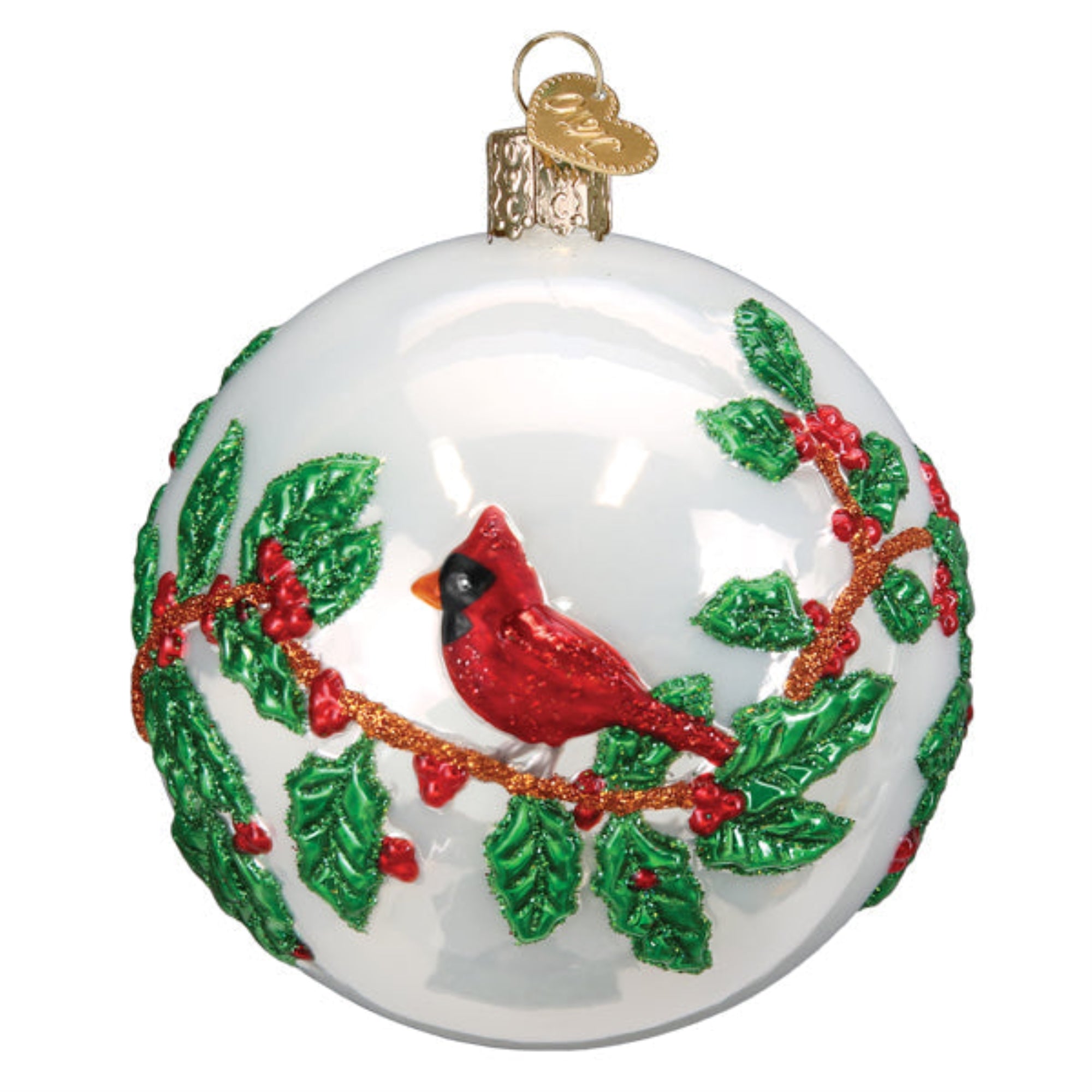 Old World Christmas Hanging Mouth-Blown Glass Ornament for Trees, Hollyberry Birds Round Ball, 3.5"