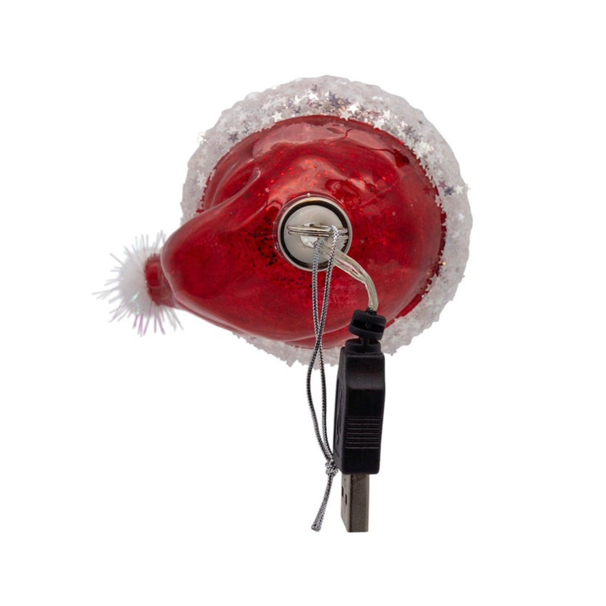 Kurt Adler Pre-lit Hanging Glass Ornament, Warm White LED's, USB-Powered Day of the Dead Skull with Santa Hat